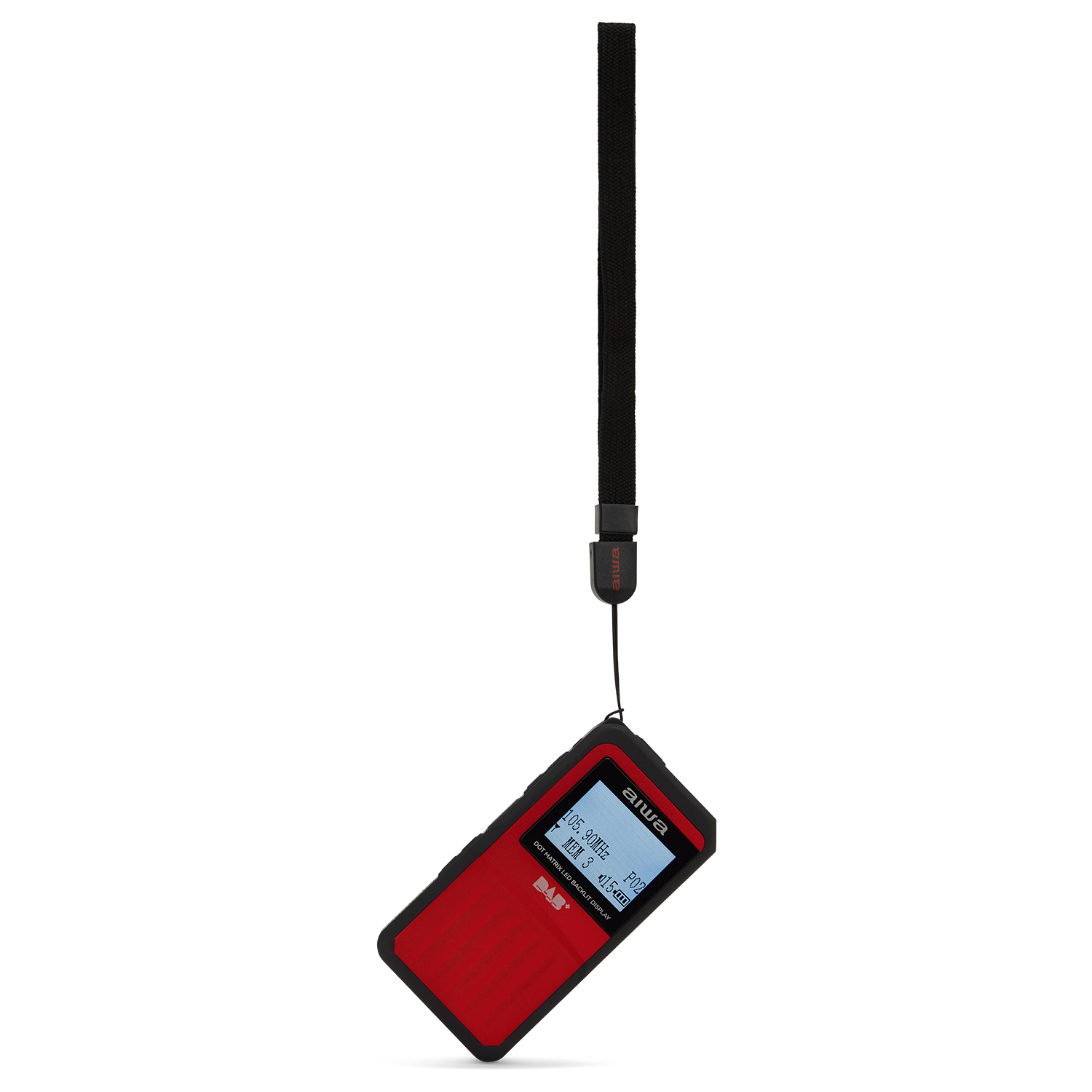 Czerwone radio DAB Aiwa z czarnym paskiem zwisa z góry.
