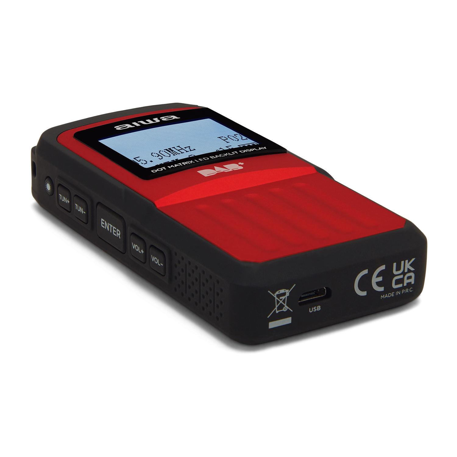 Czerwono-czarne radio DAB Aiwa z ekranem pokazującym 5,90 MHz. Port USB na dole.