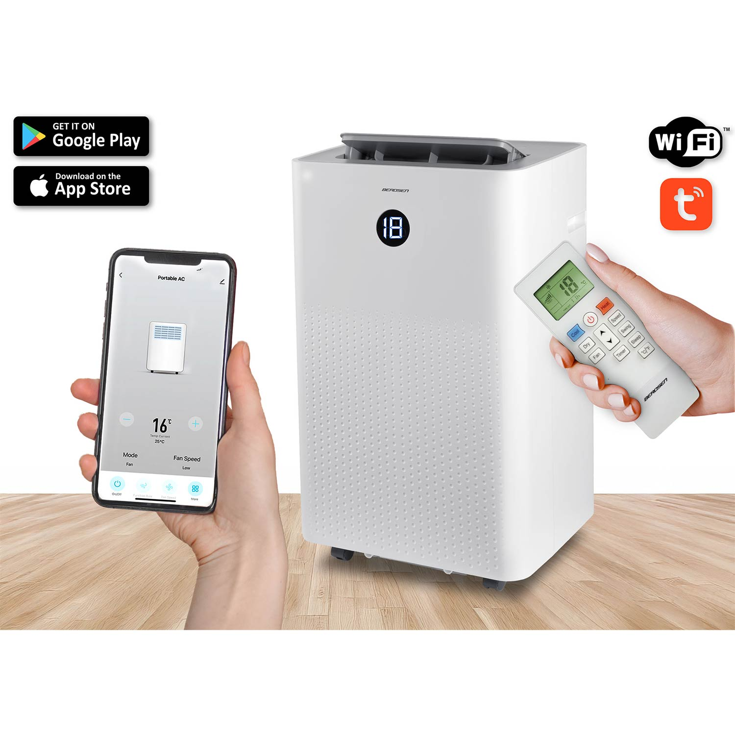 Osoba trzyma smartfon z aplikacją klimatyzatora przenośnego obok białego przenośnego klimatyzatora i pilota.