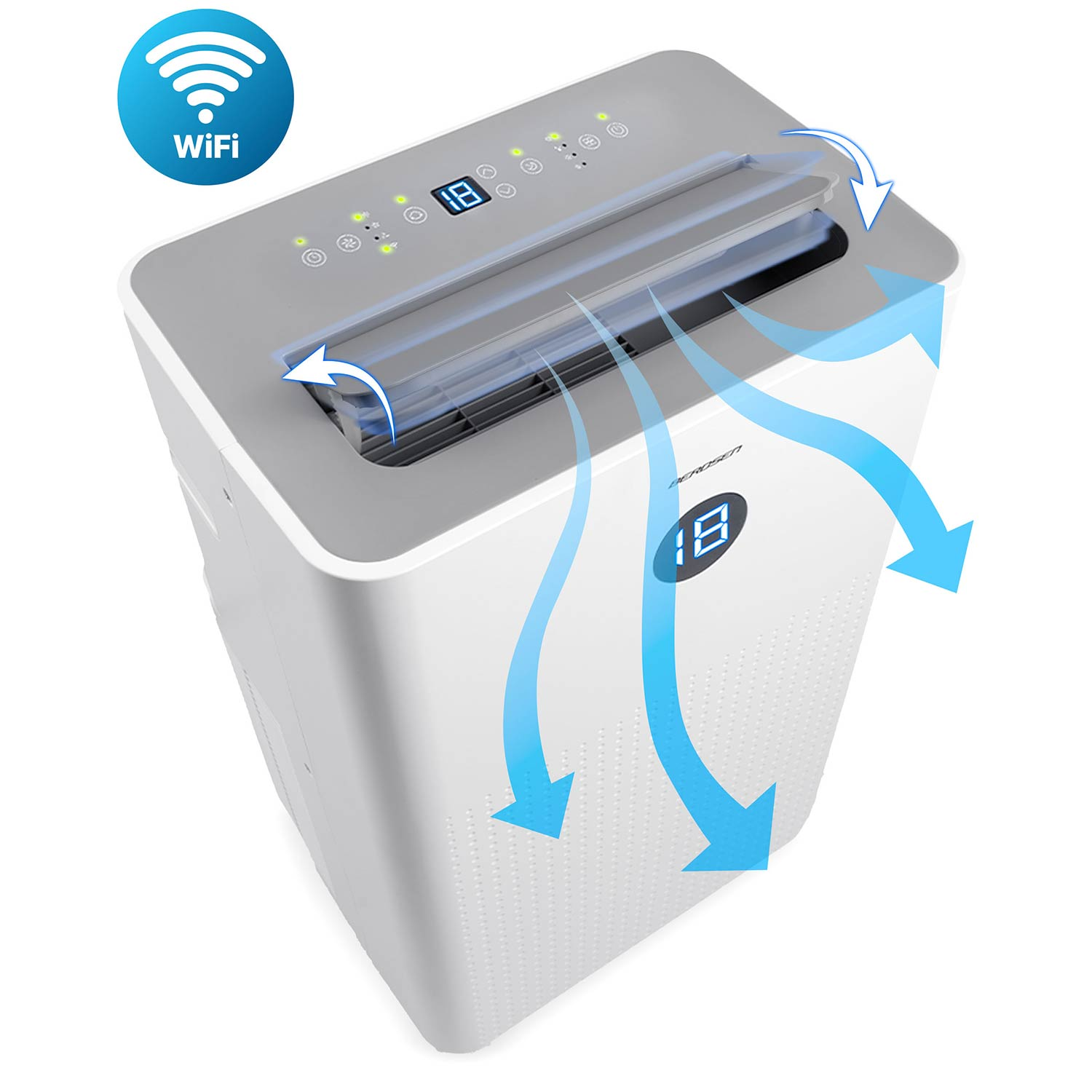 Biały oczyszczacz powietrza z symbolem WiFi i niebieskimi strzałkami wskazującymi przepływ powietrza.