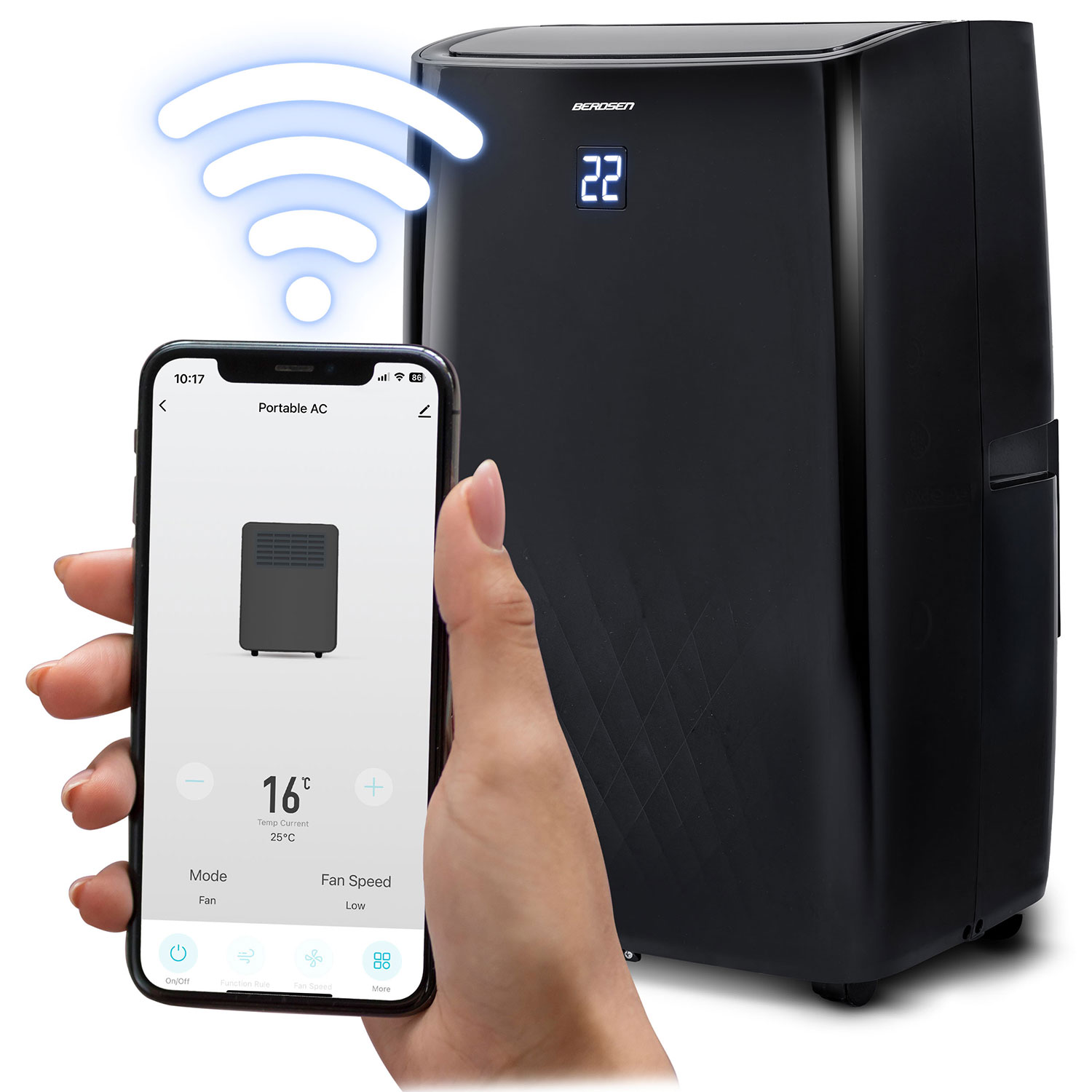Smartfon wyświetla aplikację przenośnej klimatyzacji na 16°C. Obok stoi czarna klimatyzacja wieżowa.
