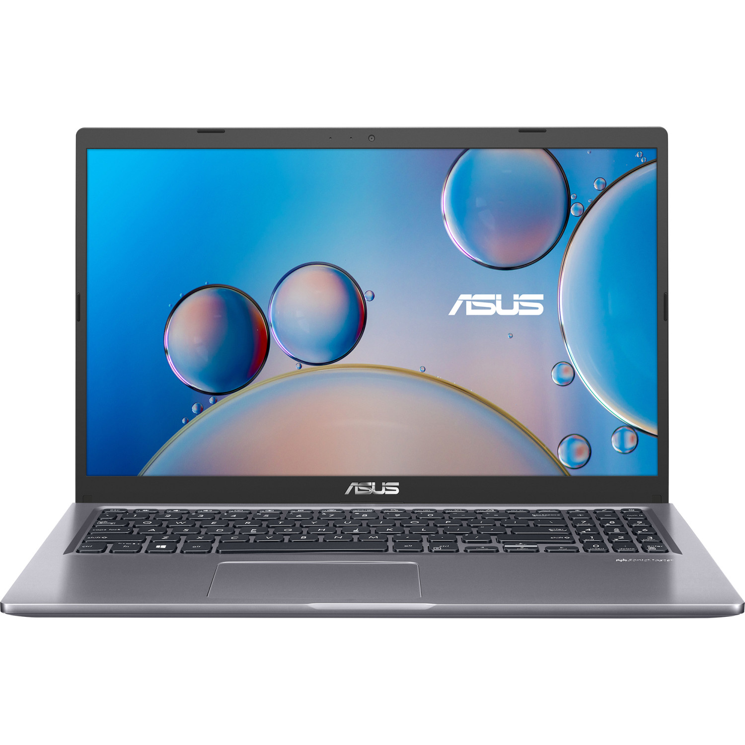 Un laptop Asus argentato chiuso con uno sfondo di cerchi colorati visualizzato.