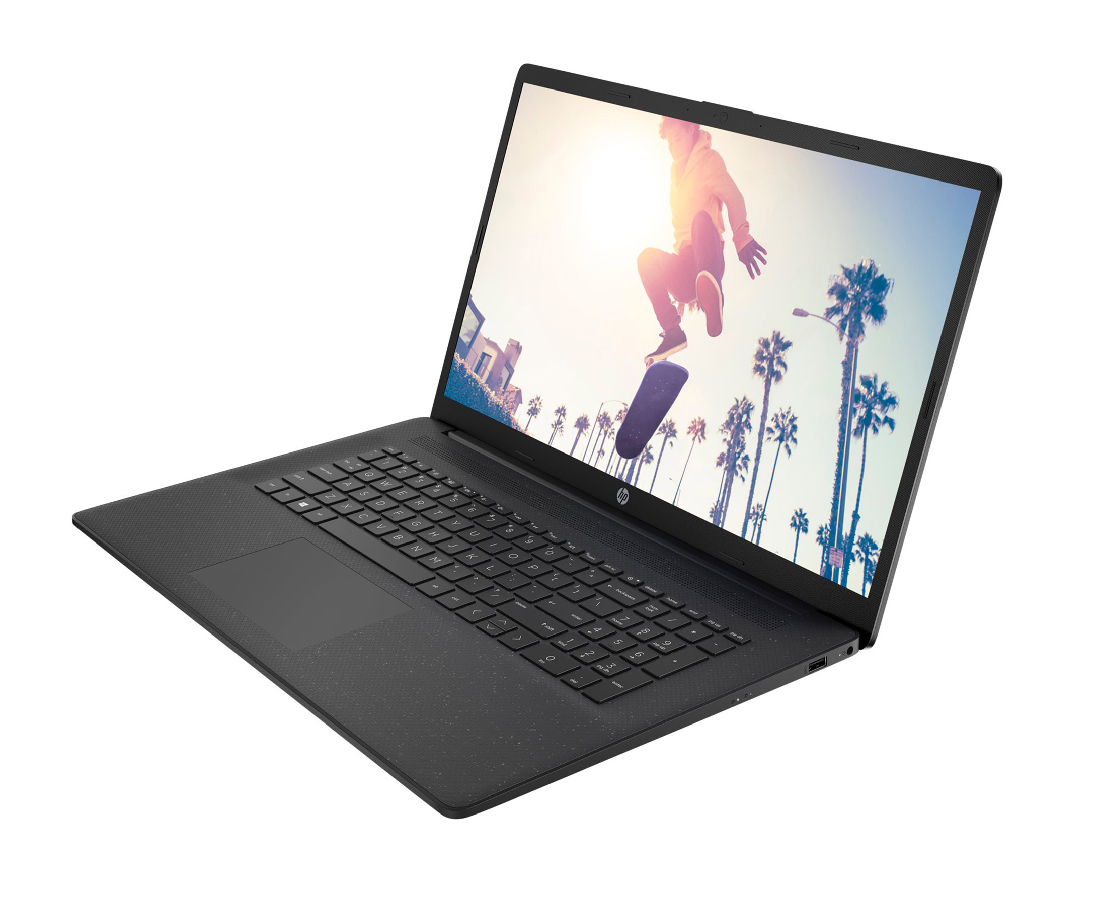Schwarzer Laptop mit Tastatur und Touchpad. Der Bildschirm zeigt einen Skateboarder in der Luft.
