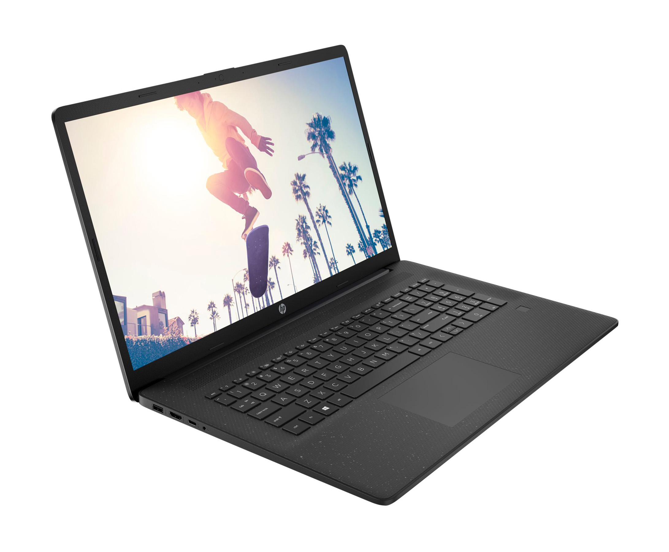 Schwarzer Laptop mit einem Bild eines Skateboarders vor Palmen.