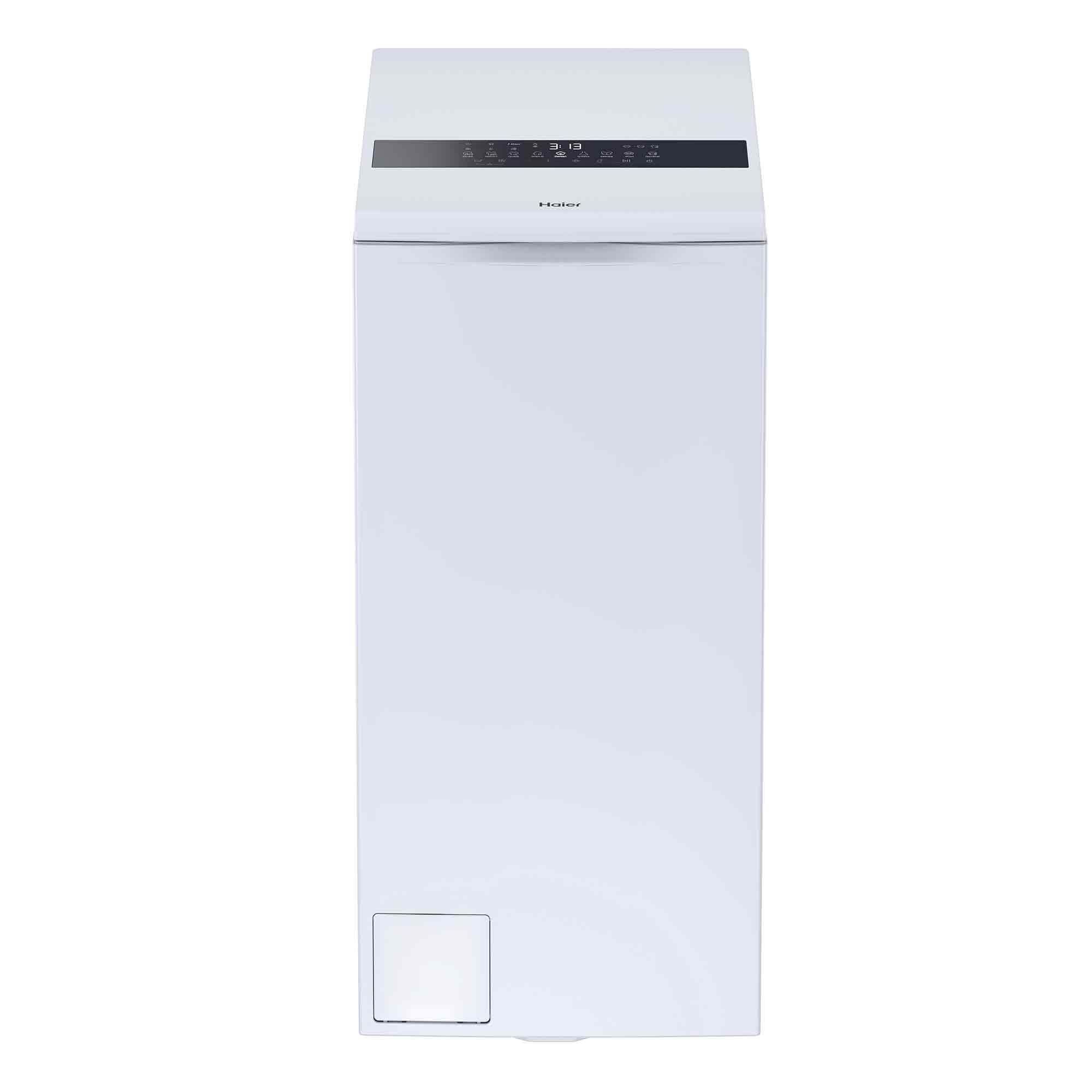 Eine weiße Haier-Waschmaschine mit digitaler Anzeige und Bedienfeld oben.