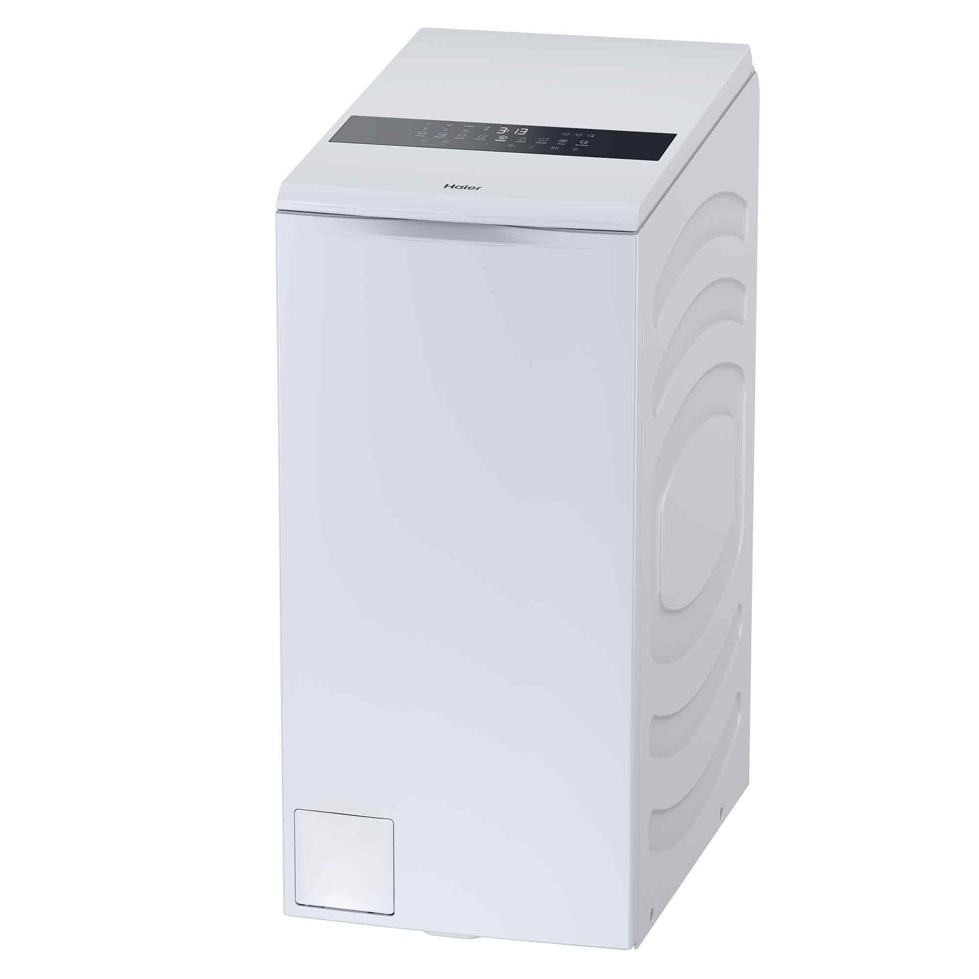 Eine weiße Haier-Waschmaschine mit Bedienfeld und digitaler Anzeige.