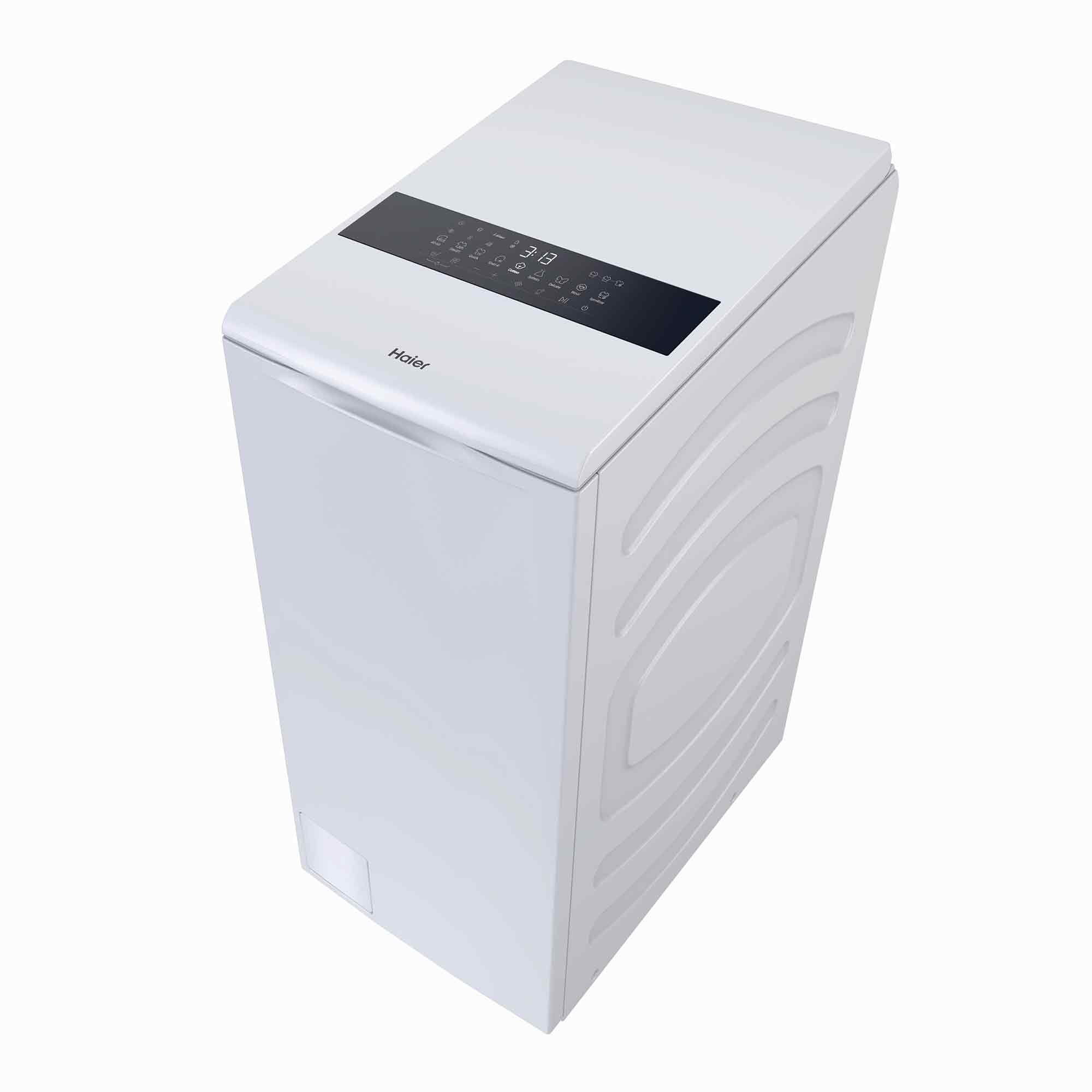 Eine weiße Haier-Waschmaschine mit digitaler Anzeige und Bedienelementen.