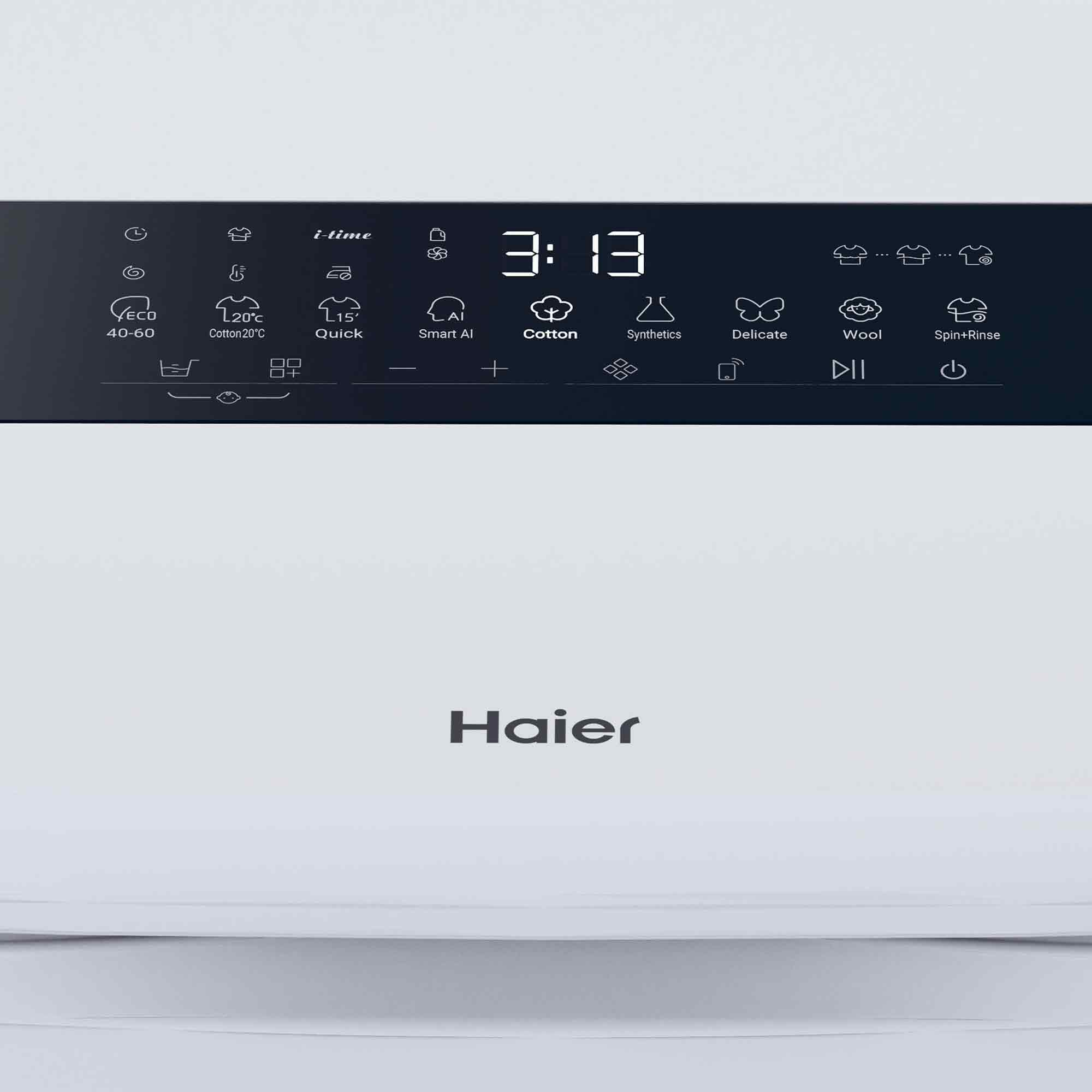 Haier Waschmaschinen-Bedienfeld mit Programmen: ECO, Cotton 20°C, Quick, Smart AI, Cotton, Synthetics, Wool, Spin+Rinse.