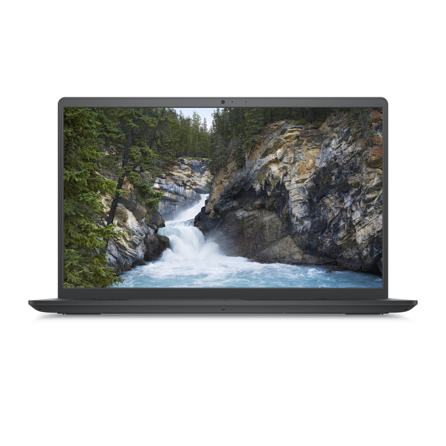 Un laptop scuro mostra un'immagine di una cascata in un canyon roccioso con alberi.