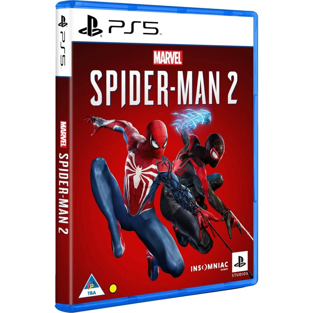 Custodia gioco Marvel Spider-Man 2 PS5 con entrambi i personaggi di Spider-Man su sfondo rosso.