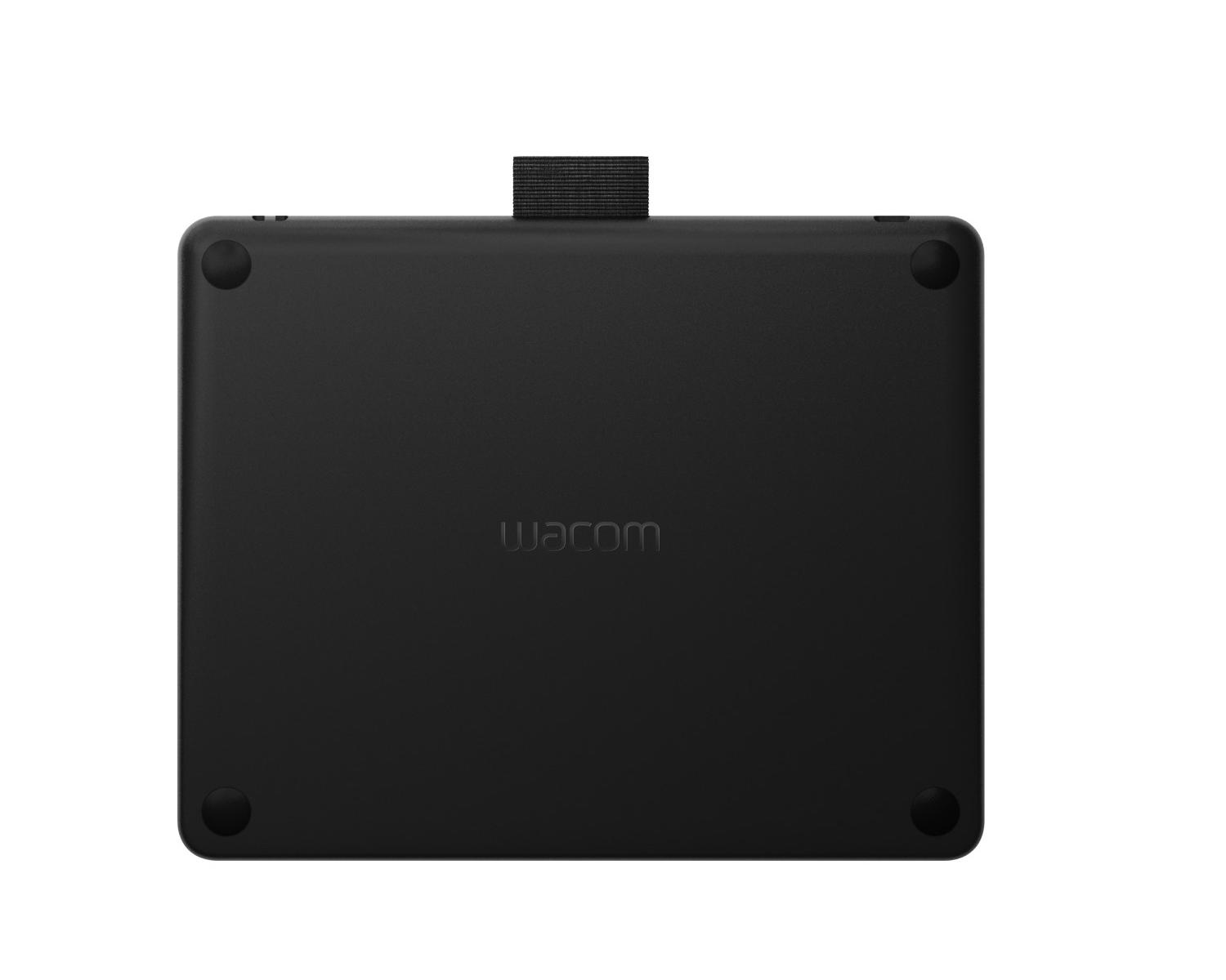 Tablet Wacom negra vista desde atrás, con cuatro patas de goma y correa.