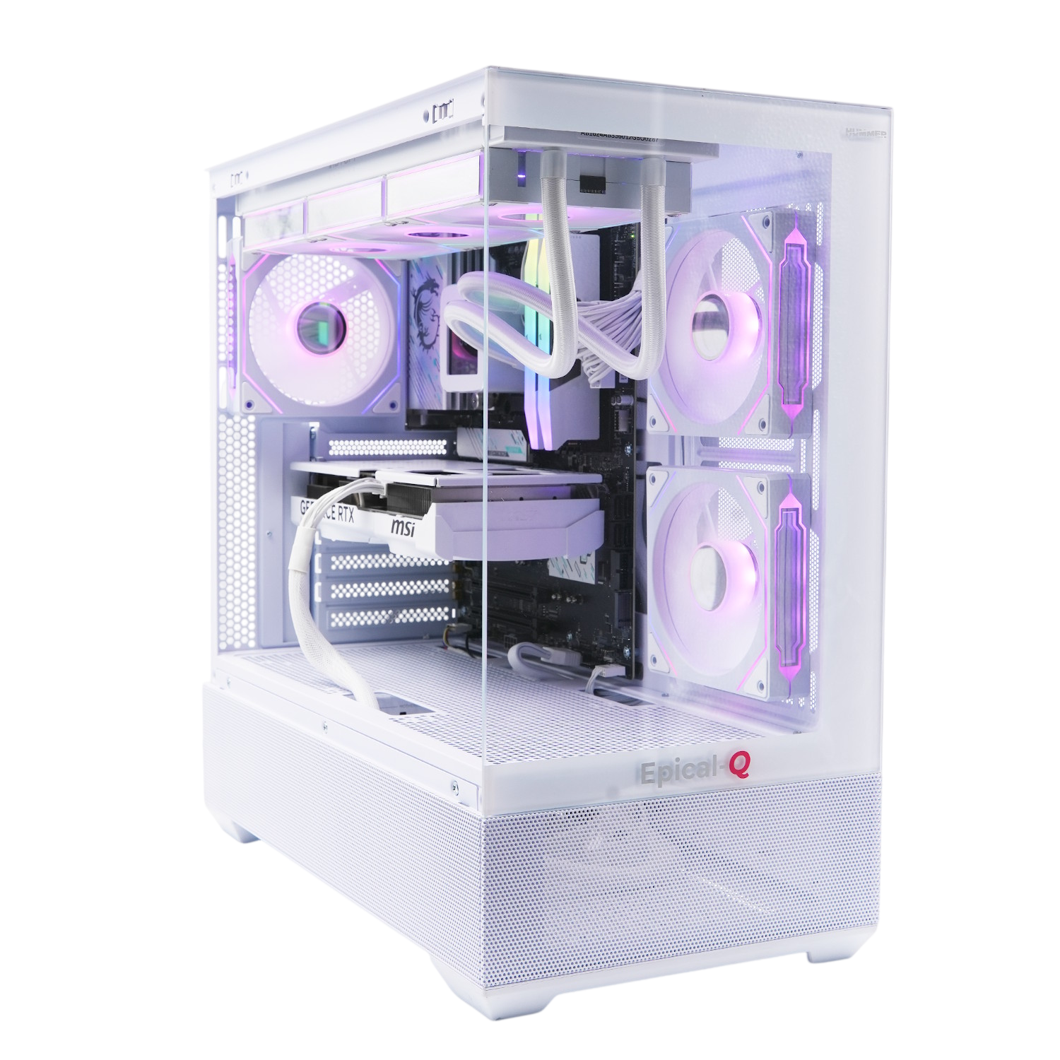 Una caja de PC blanca con laterales transparentes e iluminación RGB.