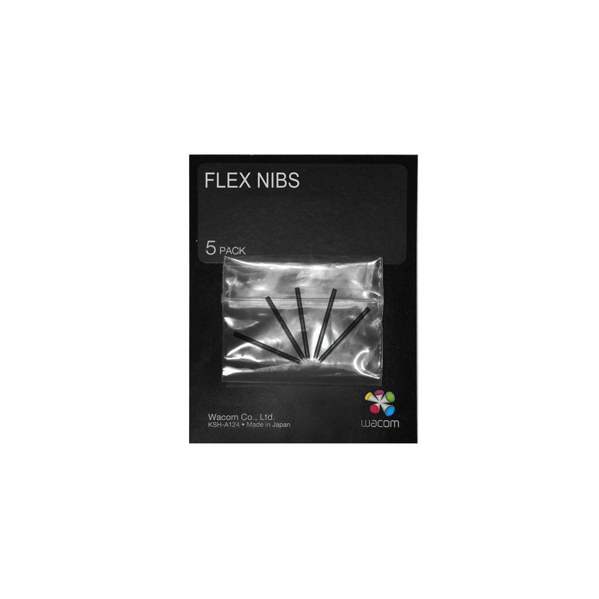 Confezione da 5 punte flessibili Wacom nere in busta di plastica, etichettata 'FLEX NIBS'.