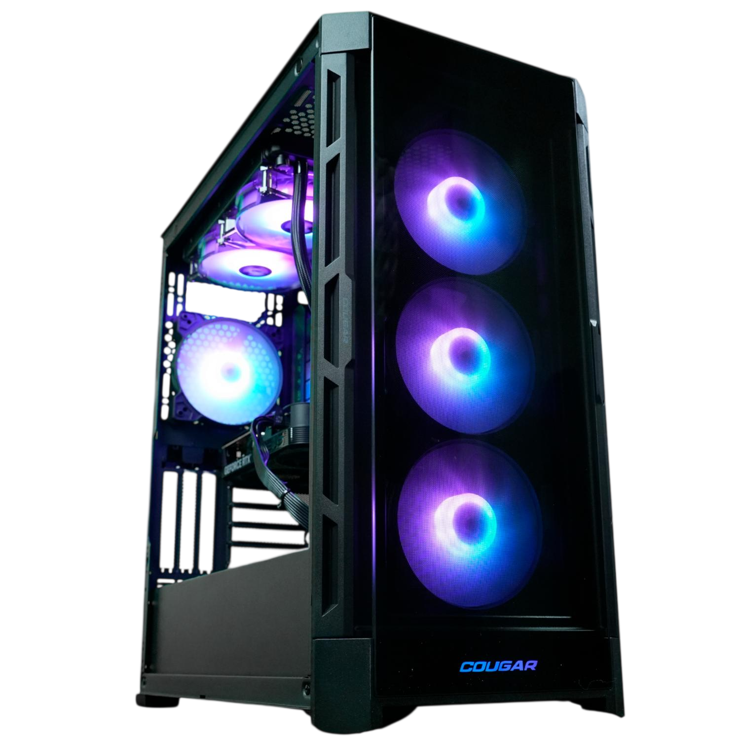 Una caja de PC negra con ventiladores RGB y panel lateral abierto.