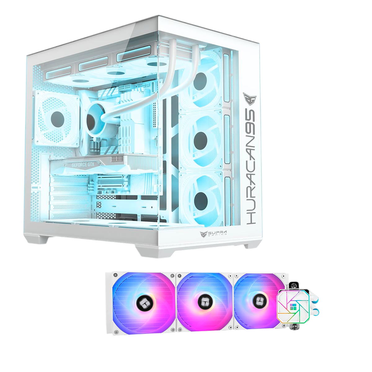 Case PC bianco con ventole blu luminose e un refrigeratore a ventola RGB separato.