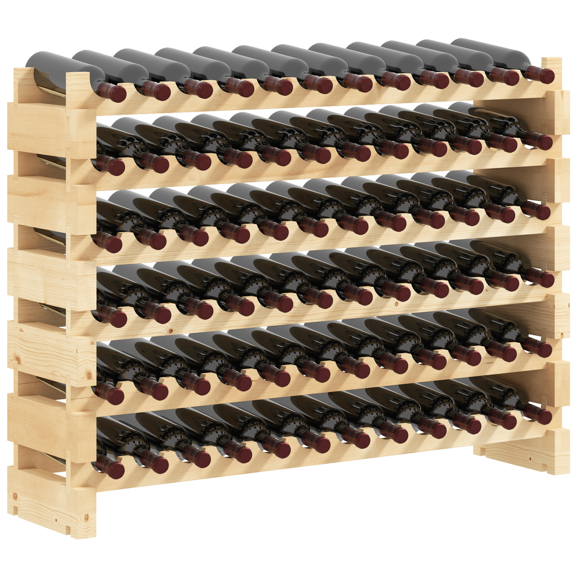 Una rastrelliera per vino in legno con molte bottiglie di vino, in piedi.
