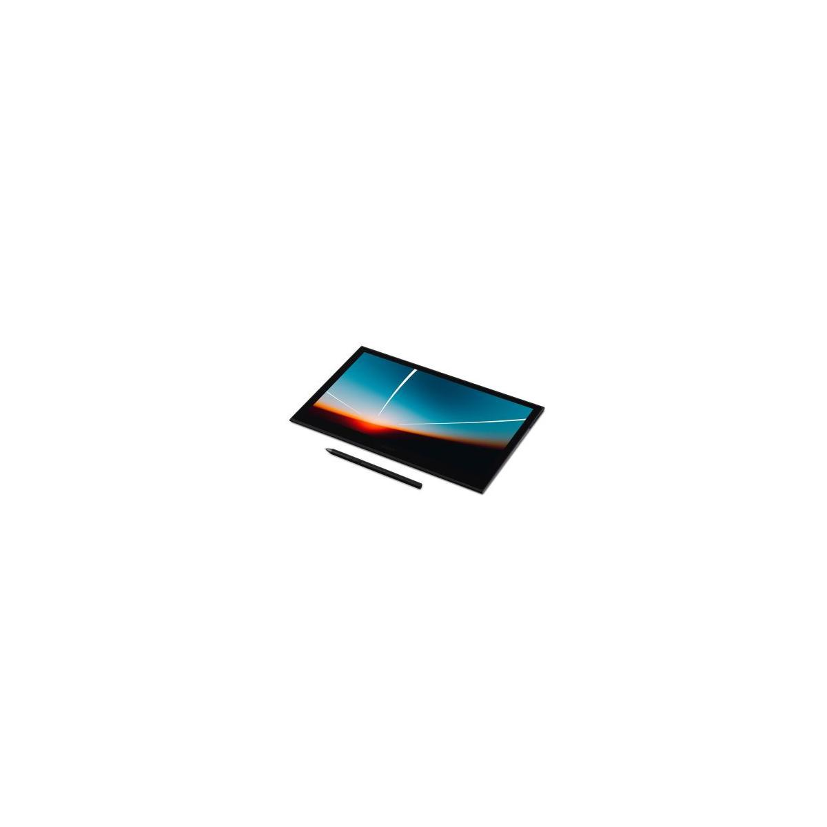 Un tablet nero con uno stilo accanto, che mostra un tramonto.