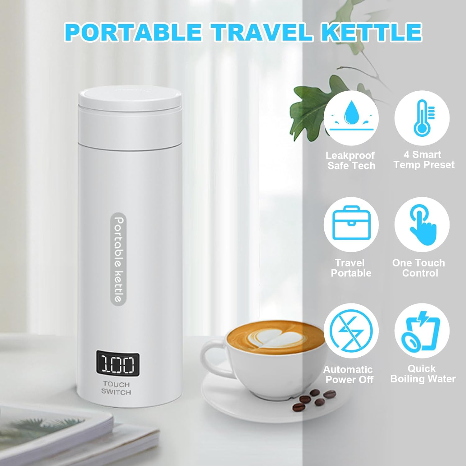 Weiße Reisewasserkocher mit Digitalanzeige neben Kaffeetasse und Symbolen.