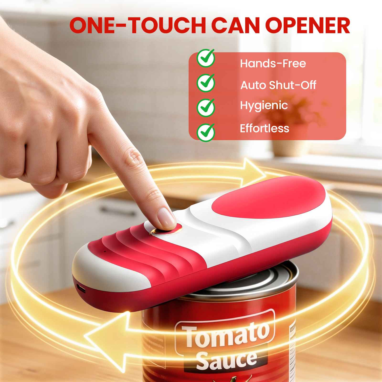 Ein roter und weißer elektrischer Dosenöffner wird von einer Hand auf einer Tomatendosendose bedient.