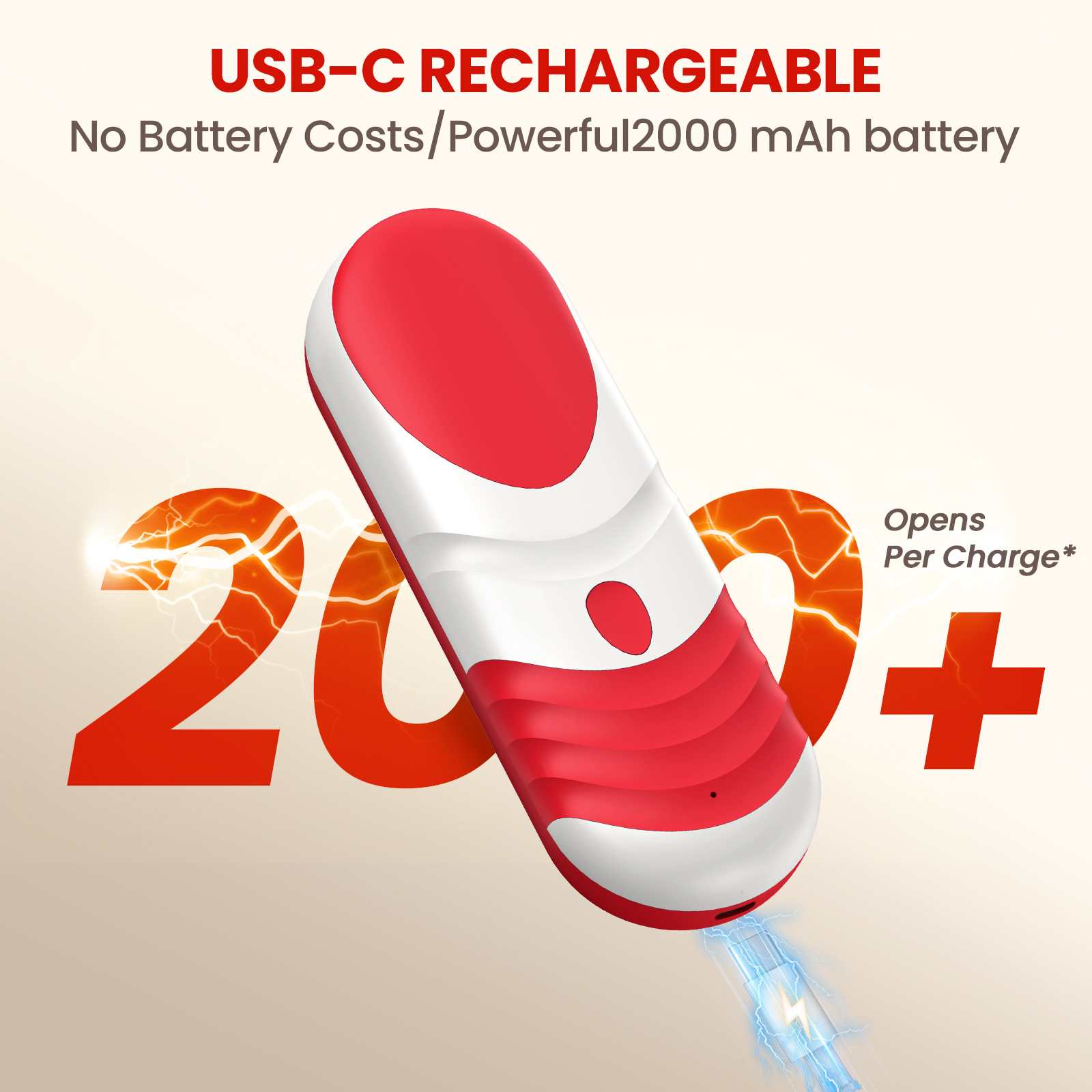 Rot-weißer USB-C-Akku mit 2000 mAh, 20+ Aufladungen pro Ladung.