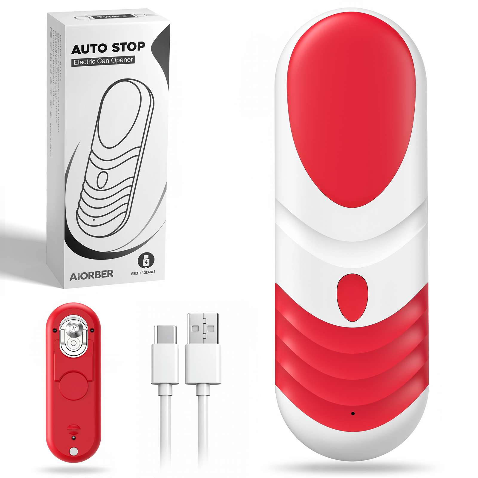 Ein roter elektrischer Dosenöffner mit Ladekabeln und Verpackung.