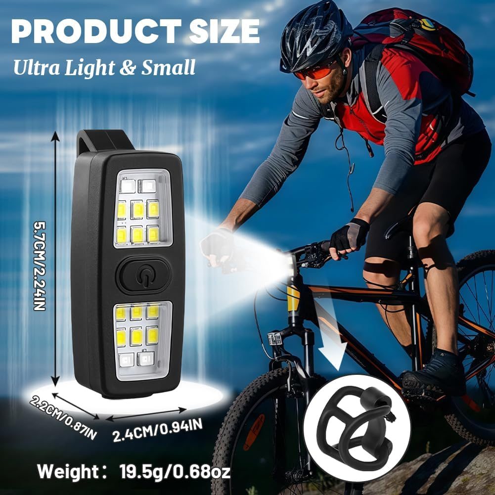 Ein Mann fährt Fahrrad mit einer kleinen, leichten Lampe, die auf dem Lenker montiert ist.