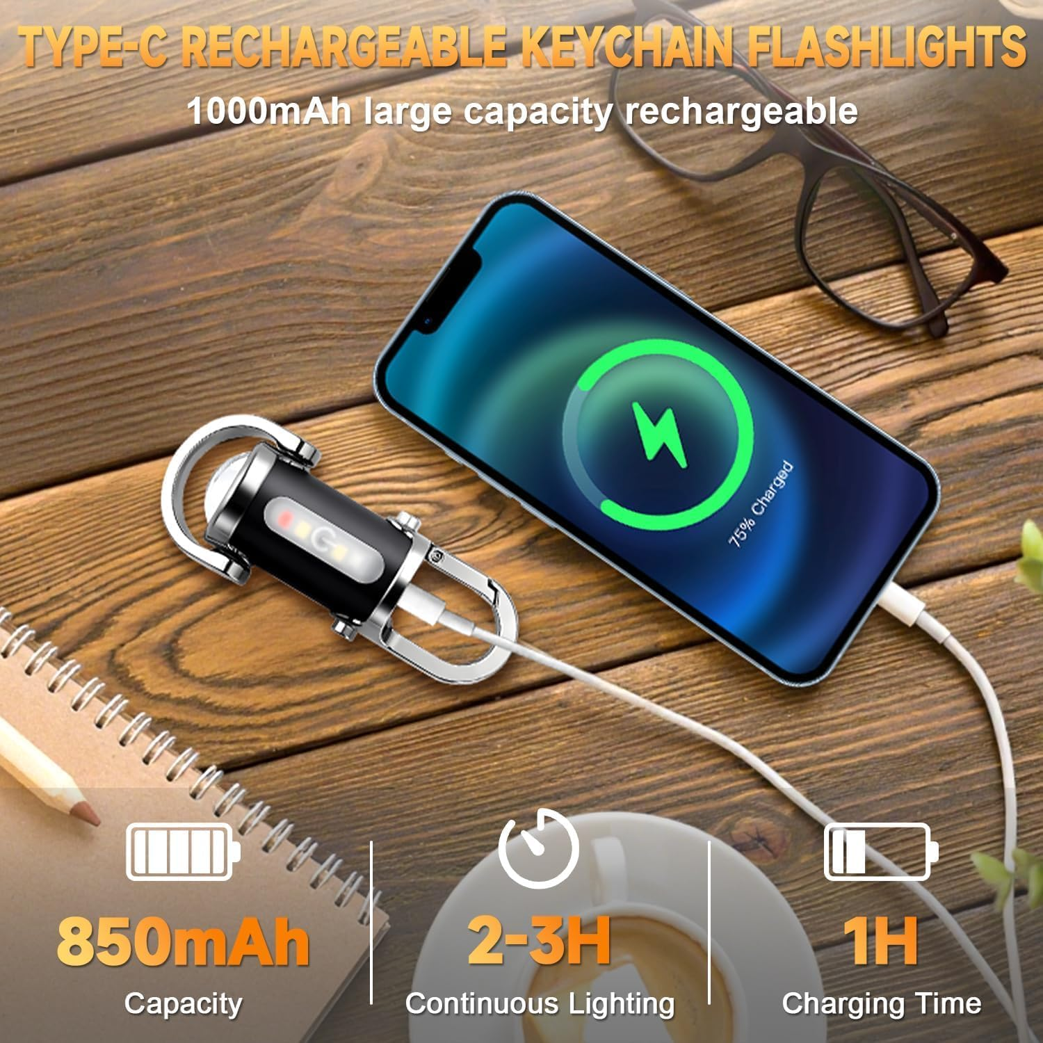 Schlüsselanhänger-Taschenlampe mit Typ-C-Ladeanschluss, lädt ein Handy auf.