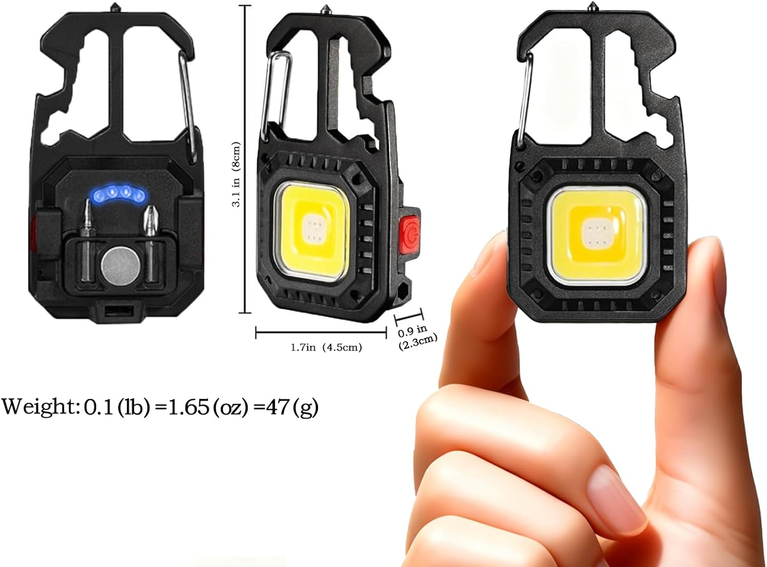 Kompakte schwarze Multifunktions-Taschenlampe mit Schlüsselanhänger und LED-Licht.