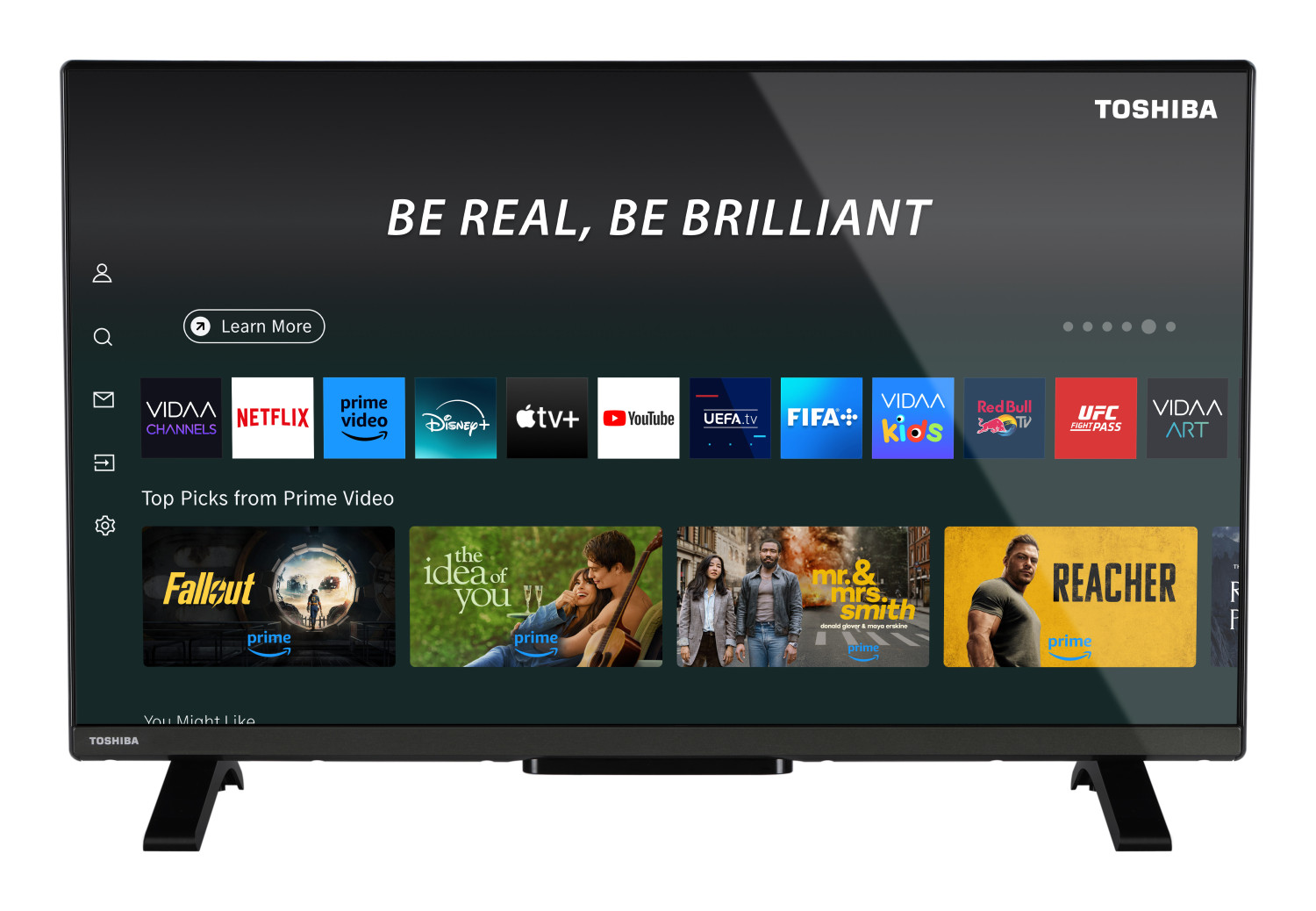 Una TV Toshiba che mostra un'interfaccia smart TV con app come Netflix e Prime Video.