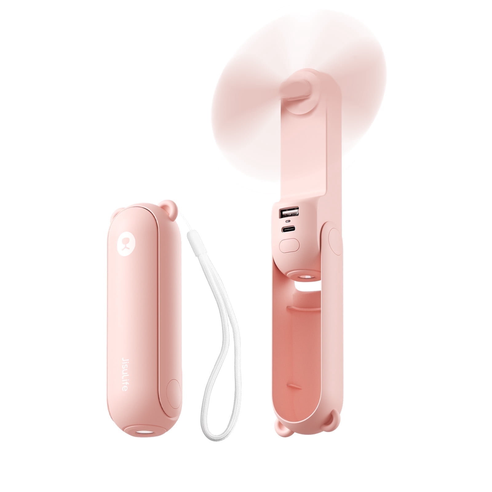 Ein rosafarbener tragbarer Ventilator mit USB-Anschlüssen und ein geschlossenes Gehäuse.