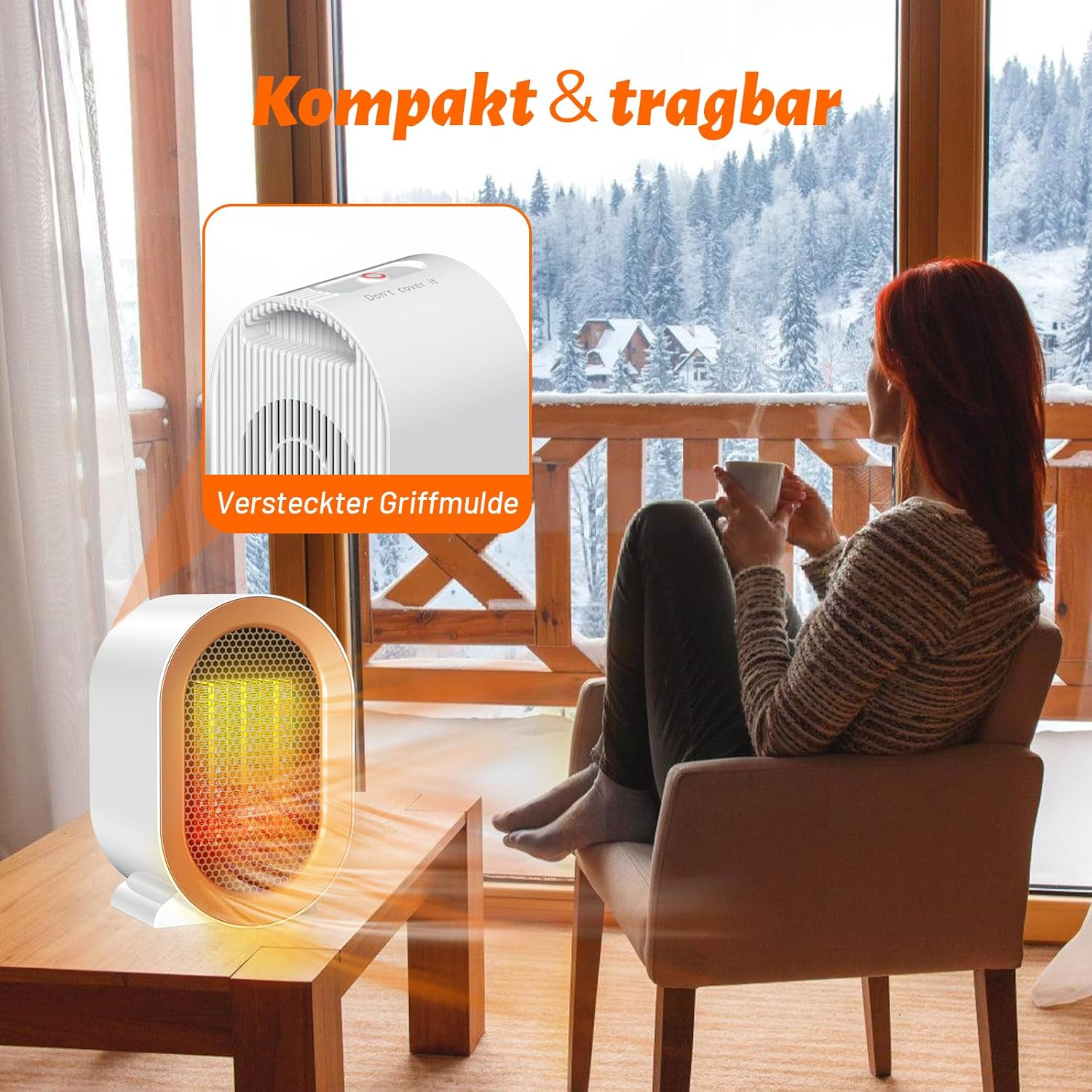 Ein kleiner Heizkörper wärmt einen Raum bei Schnee draußen. Eine Frau sitzt drinnen.