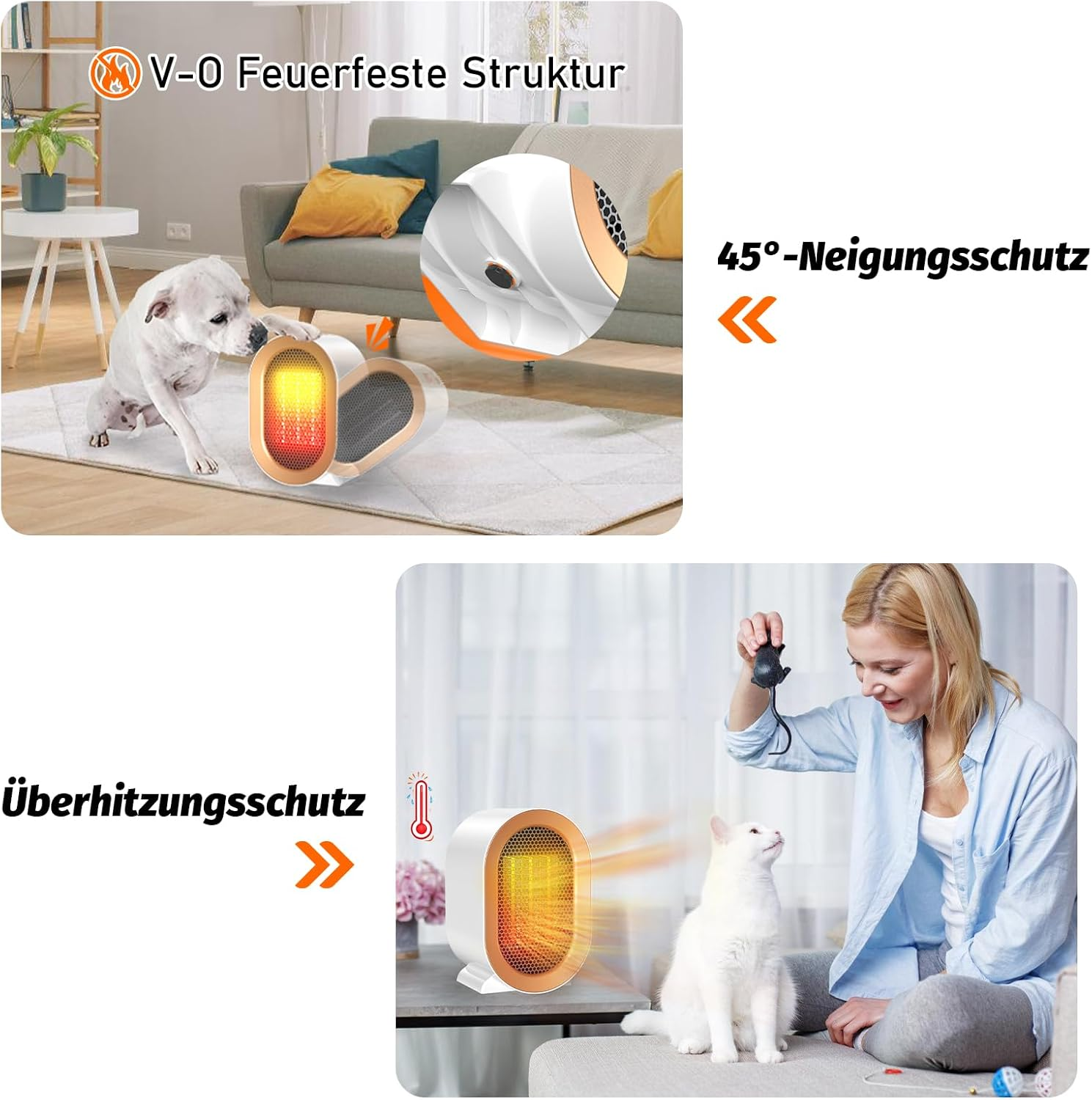 Ein kleiner weißer Hund und eine Katze sind in der Nähe eines Heizgeräts. V-0 Feuerschutz.
