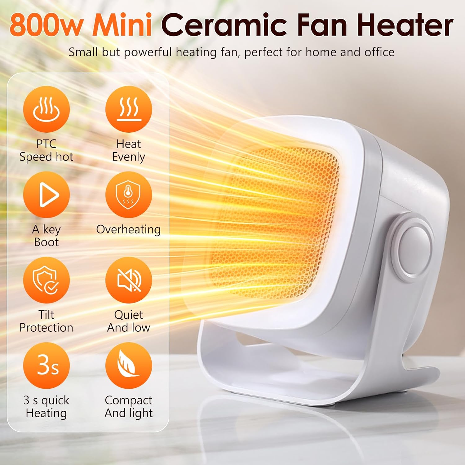 800W Mini Keramik-Heizlüfter mit Funktionen wie PTC-Heizung, gleichmäßige Wärme, Kippschutz.