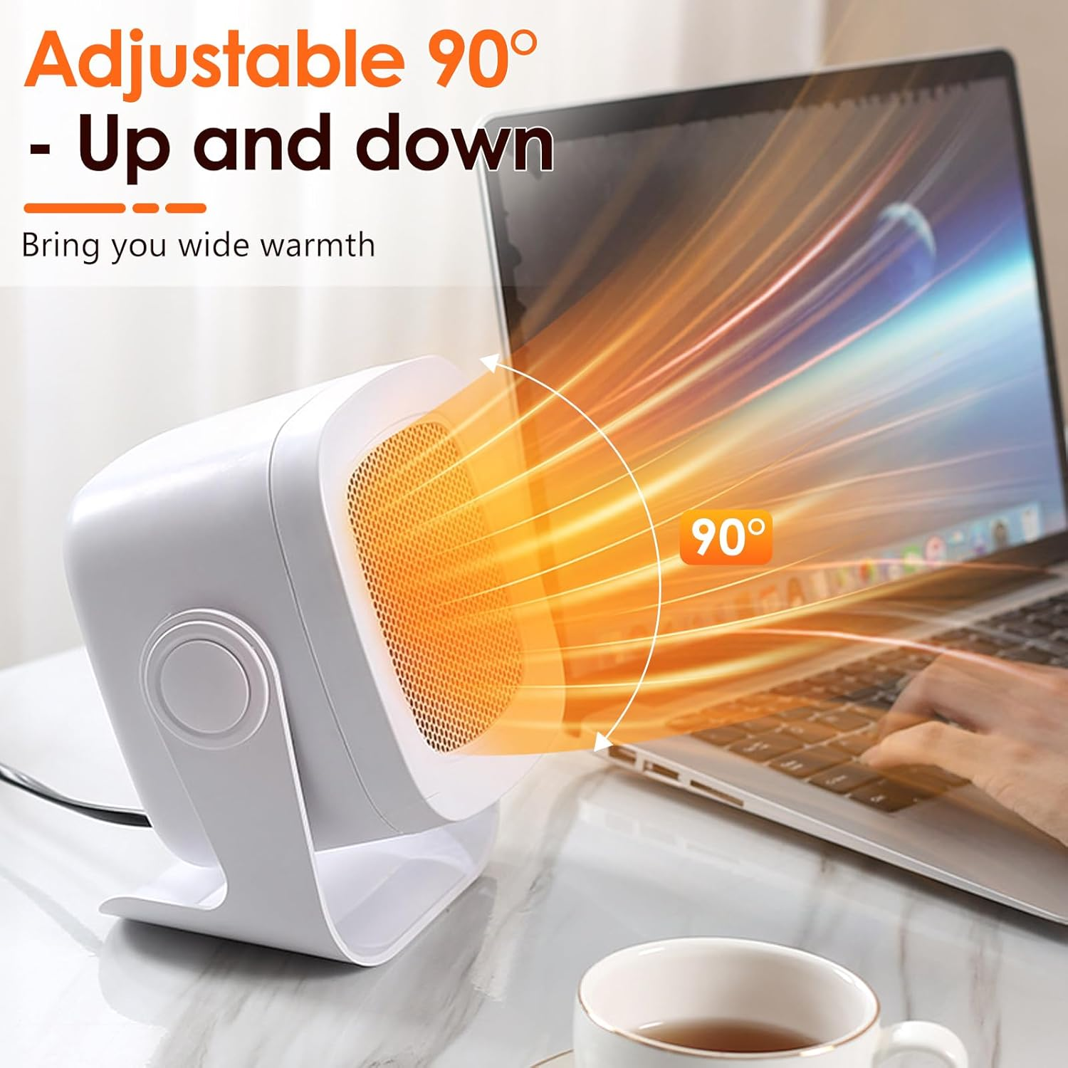 Ein weißer Heizlüfter erwärmt einen Laptop mit 90 Grad Luftstrom.