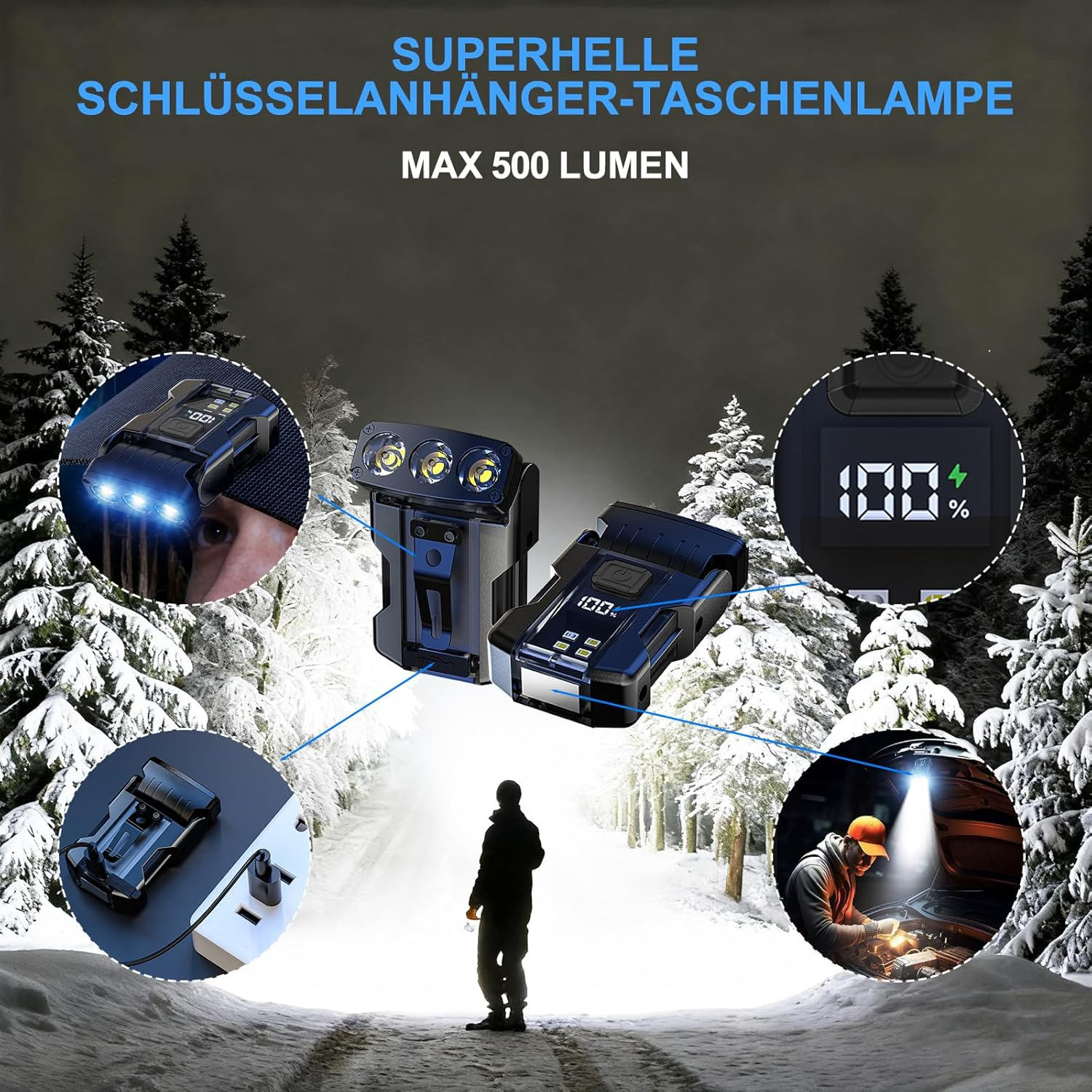 Kompakte Taschenlampe mit 100% Akkuanzeige, ideal für den Winter.