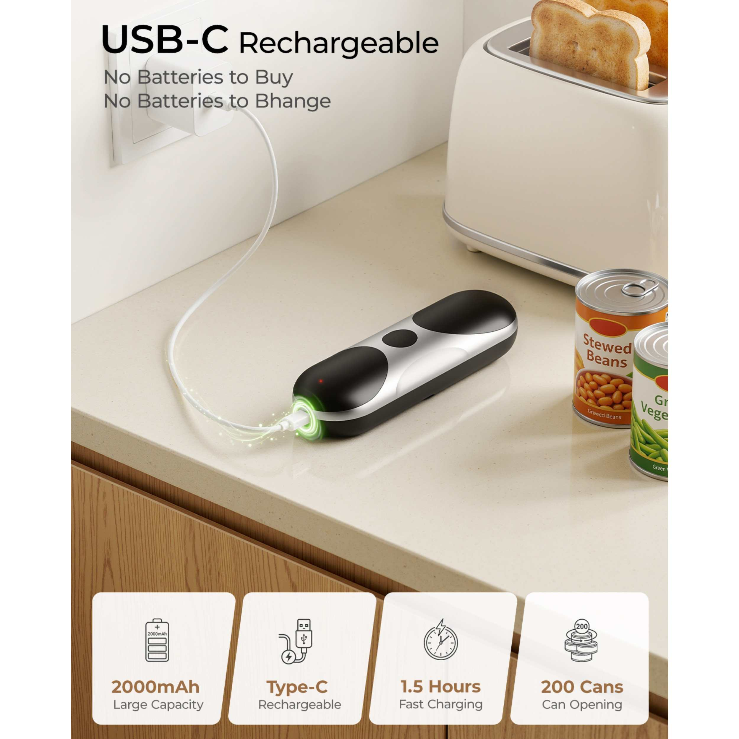 Ein USB-C-Gerät lädt auf einer Arbeitsplatte neben Dosen und einem Toaster.