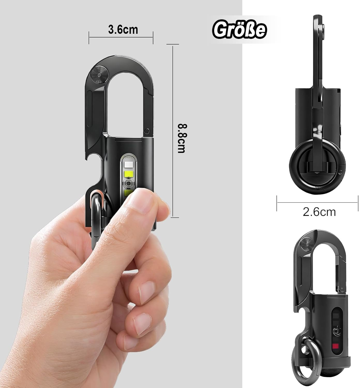Schwarzer Multitool-Schlüsselanhänger, der in einer Hand gehalten wird, mit Maßen.
