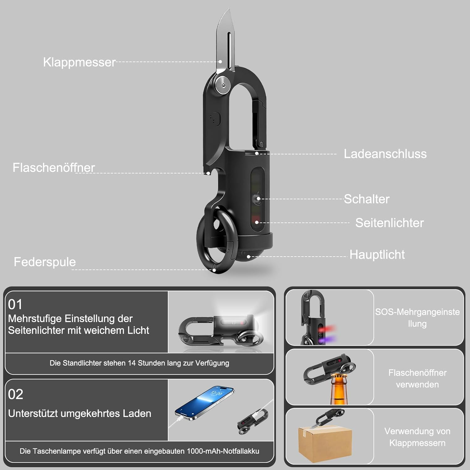 Ein multifunktionales Werkzeug mit Messer, Flaschenöffner und Lampe.
