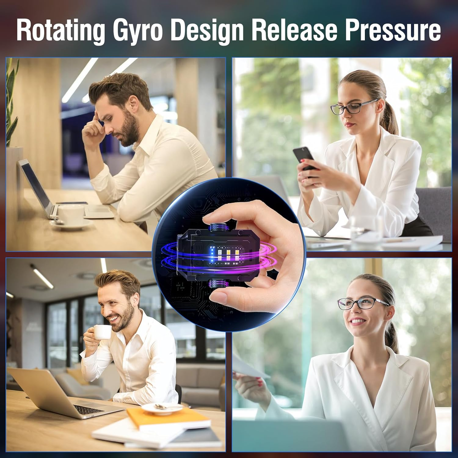 Vier Szenen mit Menschen im Büro und einem rotierenden Gyro-Design.