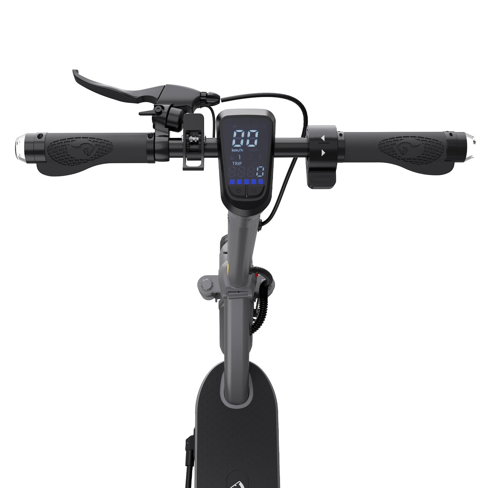 Grijze e-scooter stuur met digitaal display, handvatten en remhendel.
