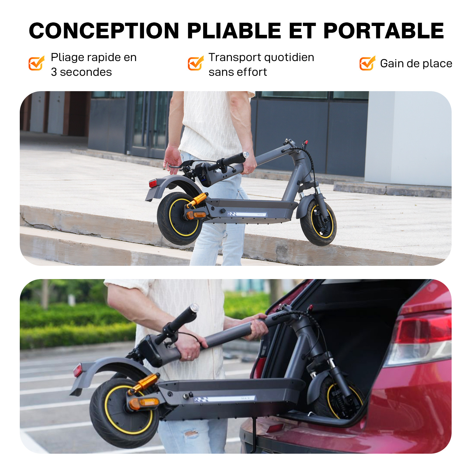 Een grijze elektrische scooter wordt opgevouwen en in een auto geladen.