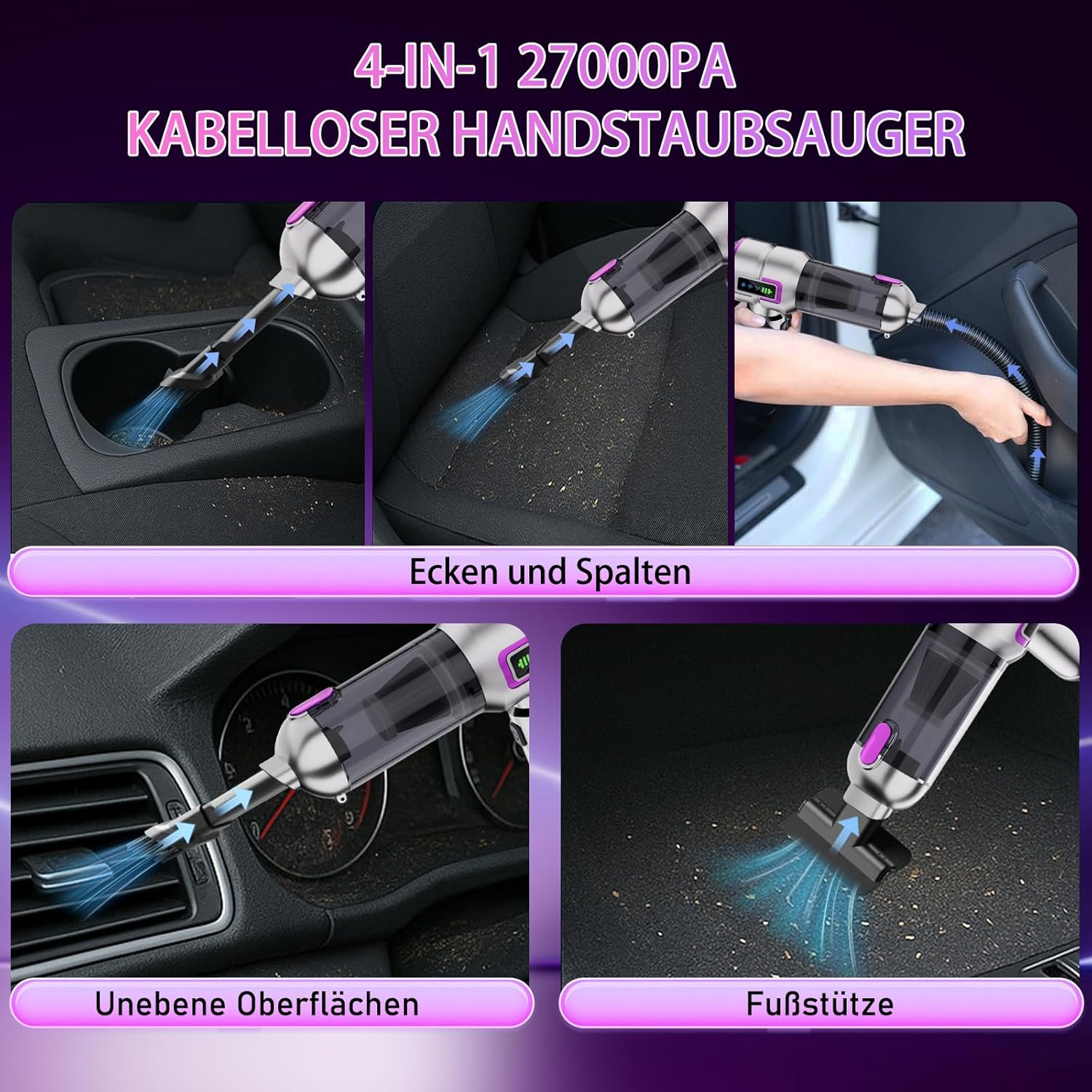 Ein kabelloser Handstaubsauger reinigt Autositz und Armaturenbrett.