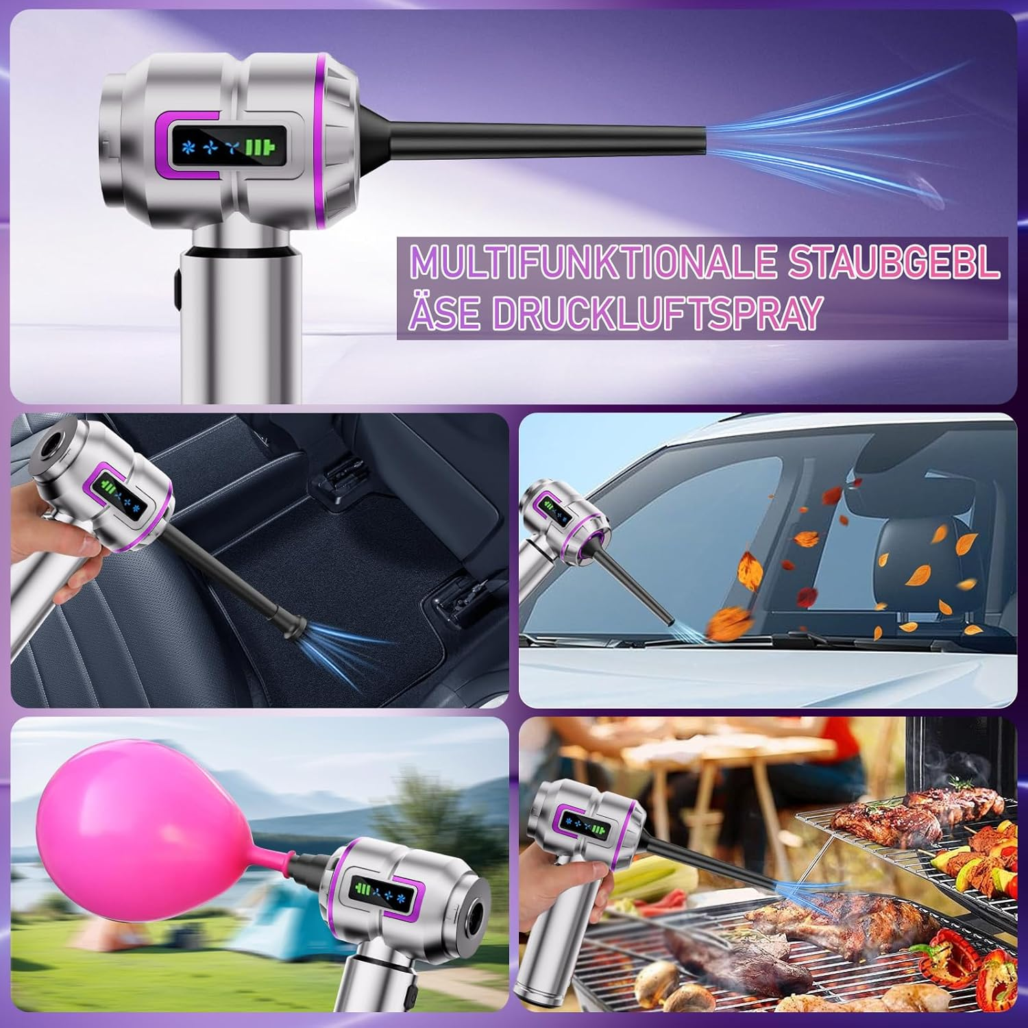Ein multifunktionaler Luftreiniger wird gezeigt, der Luft in ein Auto, auf Blätter, einen Ballon und ein Grillgut bläst.