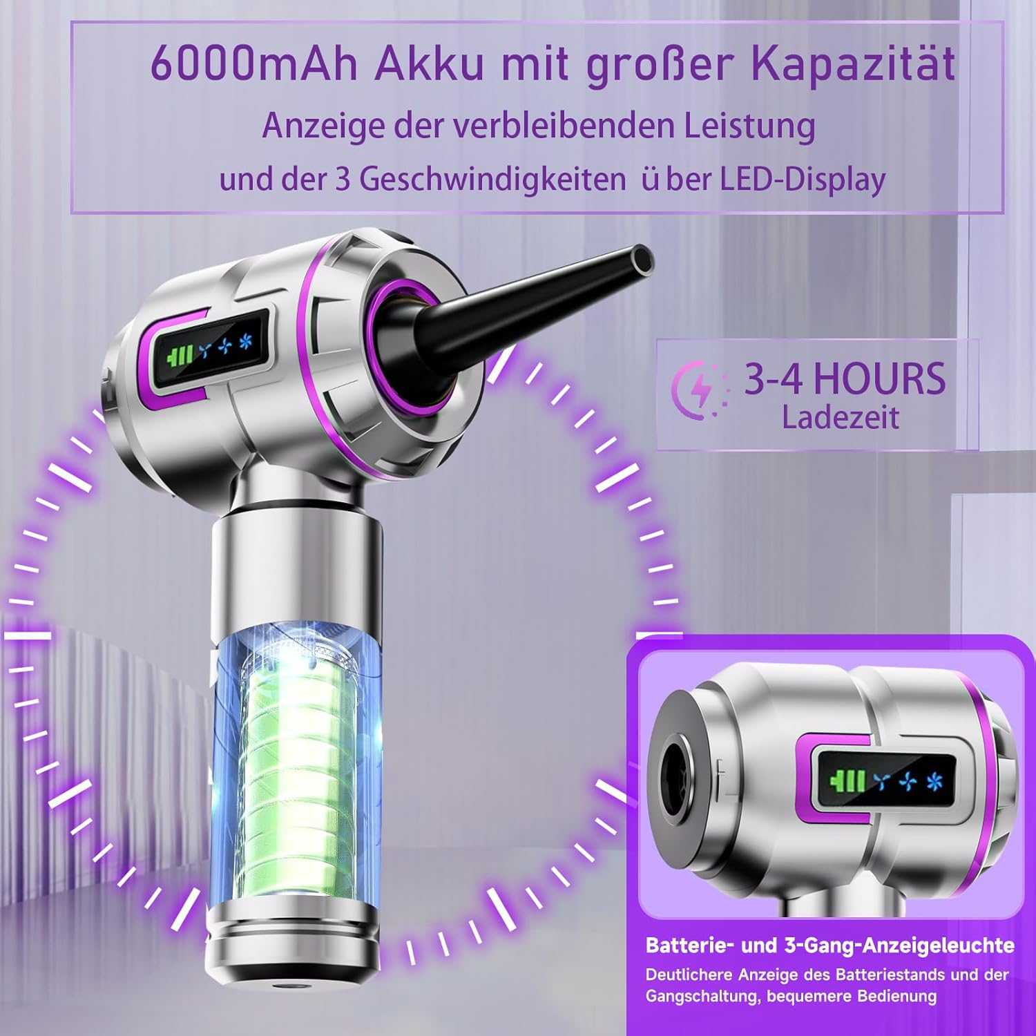 Ein silbernes medizinisches Gerät mit blau beleuchtetem Akku und LED-Anzeige.