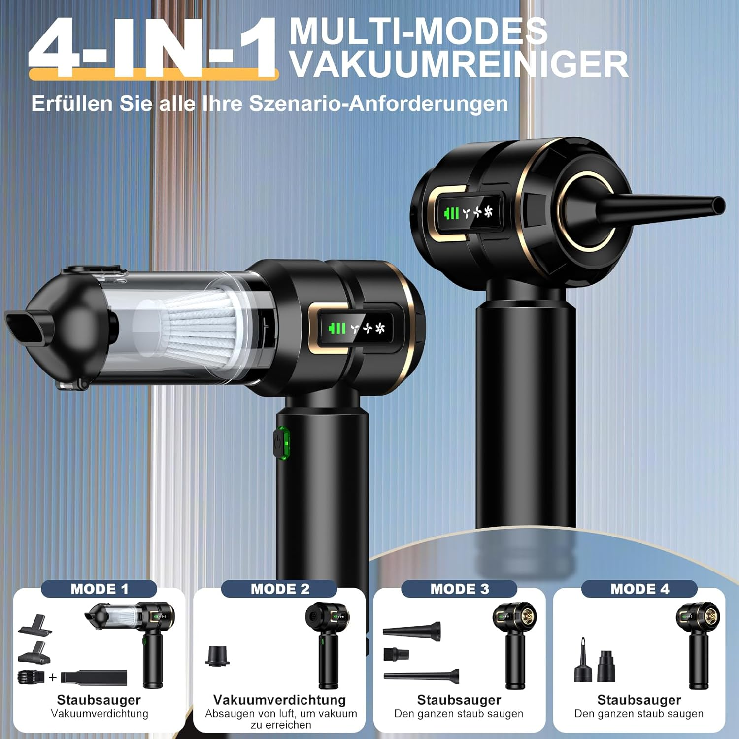 Ein 4-in-1 Vakuumreiniger mit 4 Modi: Staubsauger, Vakuumverdichtung, Staubabsaugung.