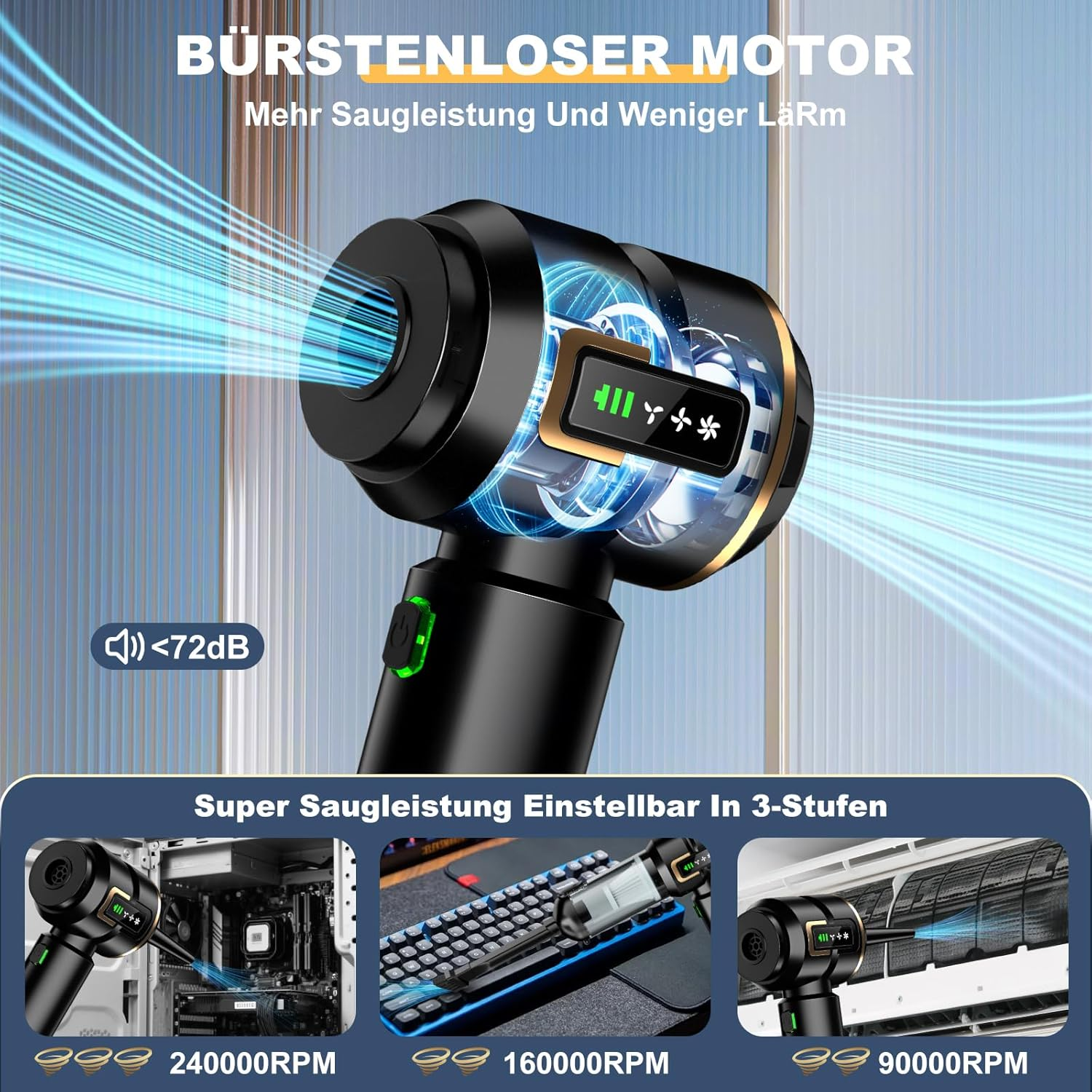 Bürstenloser Motor mit blauem Luftstrom, Anzeige, Tasten und drei Anwendungsbildern.