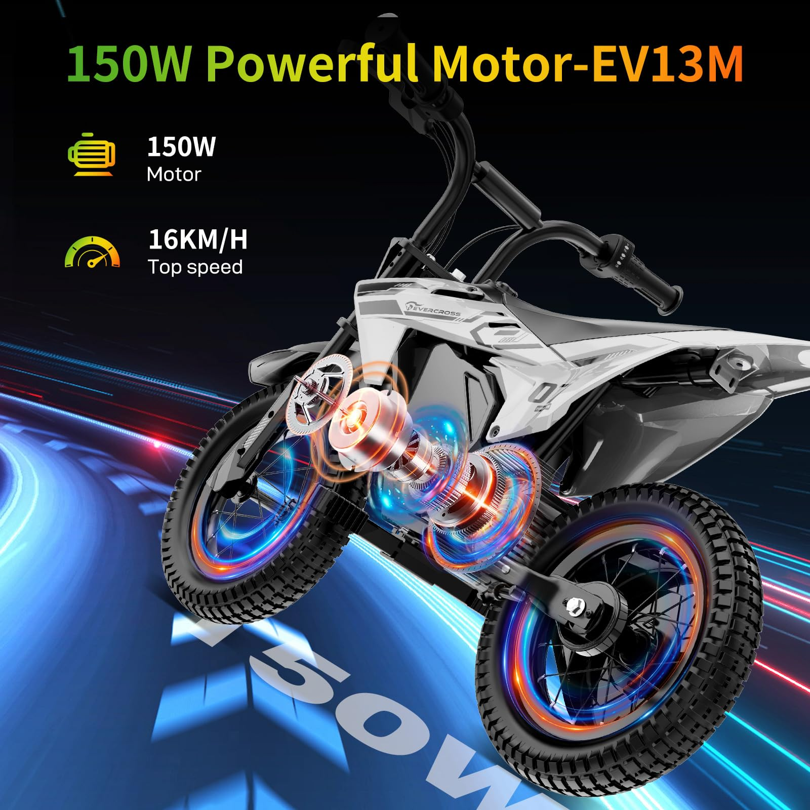 A white electric motorcycle with glowing parts and "150W" on the ground.