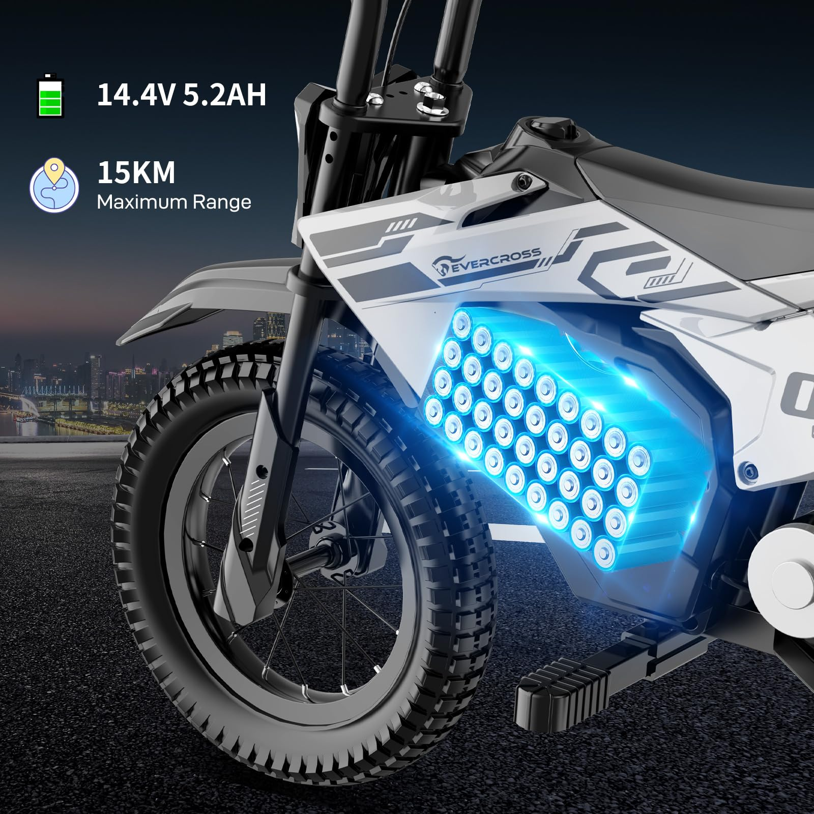 White electric dirt bike with visible blue battery cells and city skyline background.