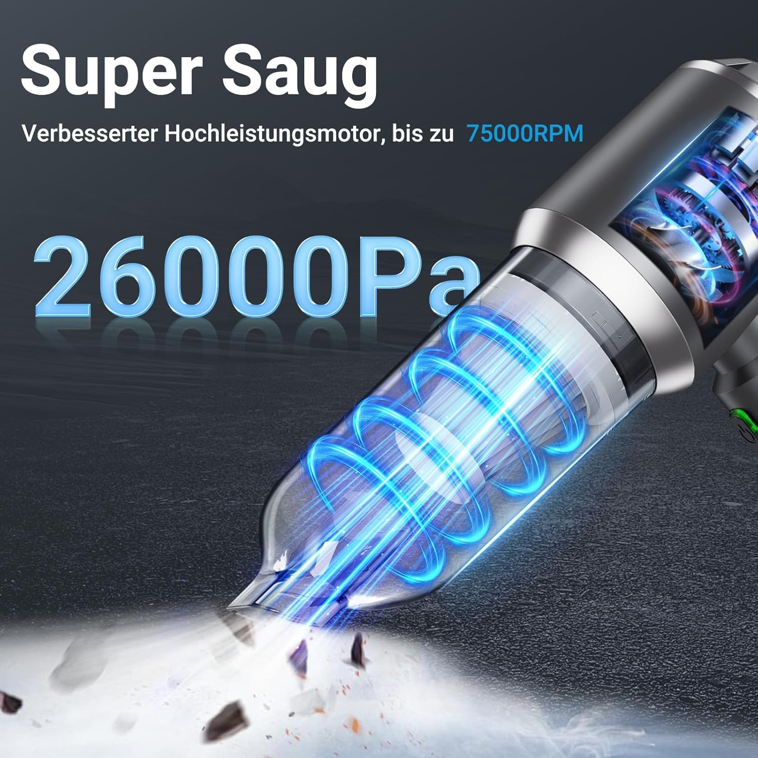 Ein kabelloser Staubsauger mit blauem Wirbel und aufgesaugtem Schmutz.