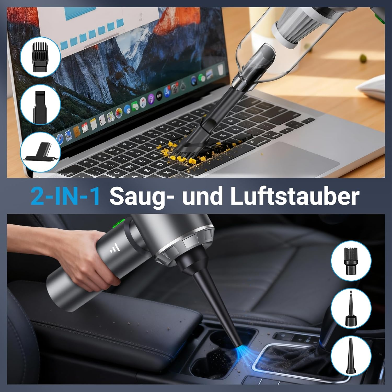 Ein Handstaubsauger reinigt eine Tastatur und ein Auto-Armaturenbrett.